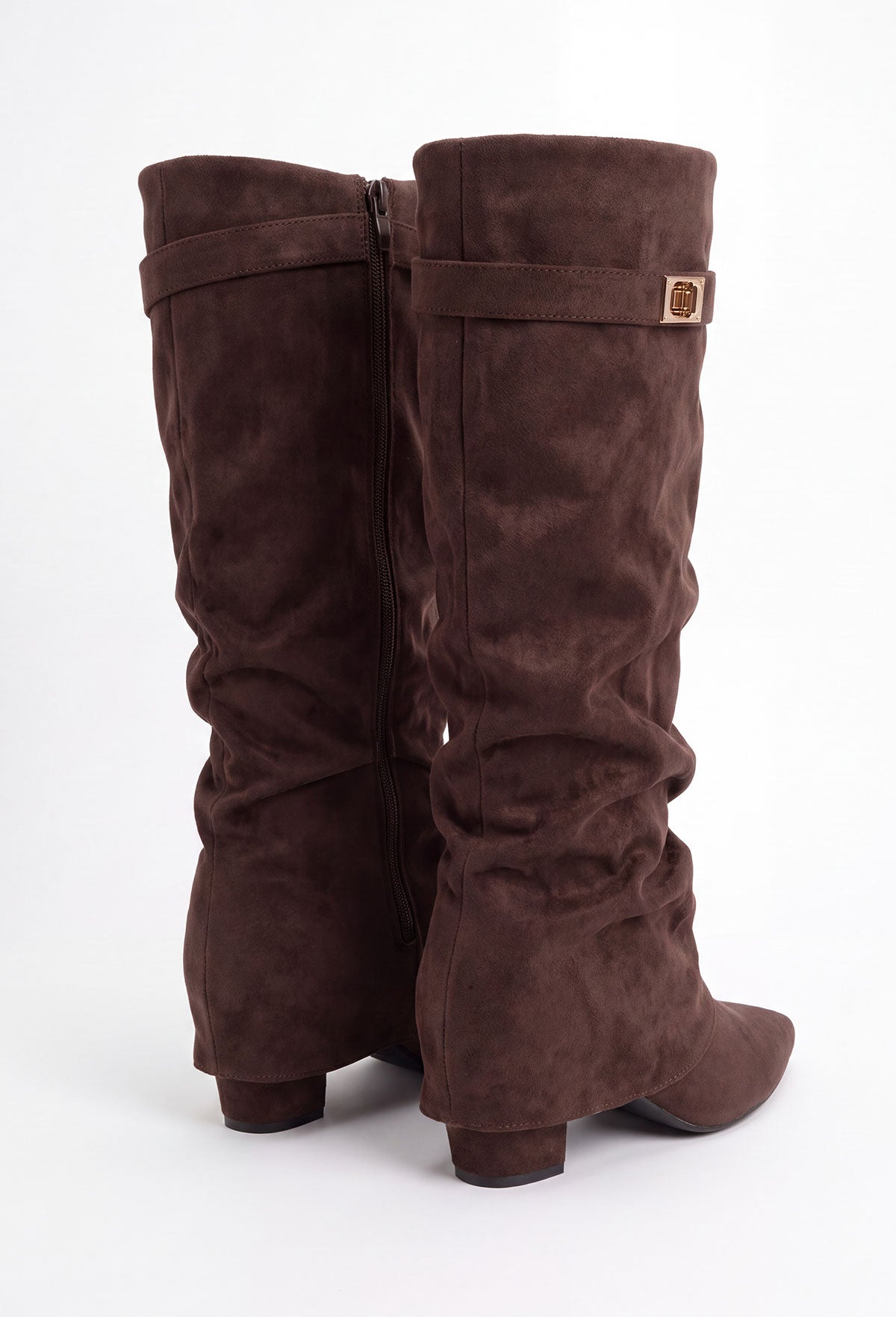 Brown faux suede fold over maxi boot with pointed toe, slouchy shaft and gold lock detail at the top.
