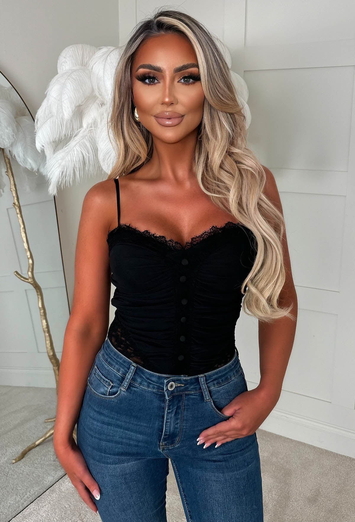 Jennie Black Lace Ruched Bodysuit | Pink Boutique