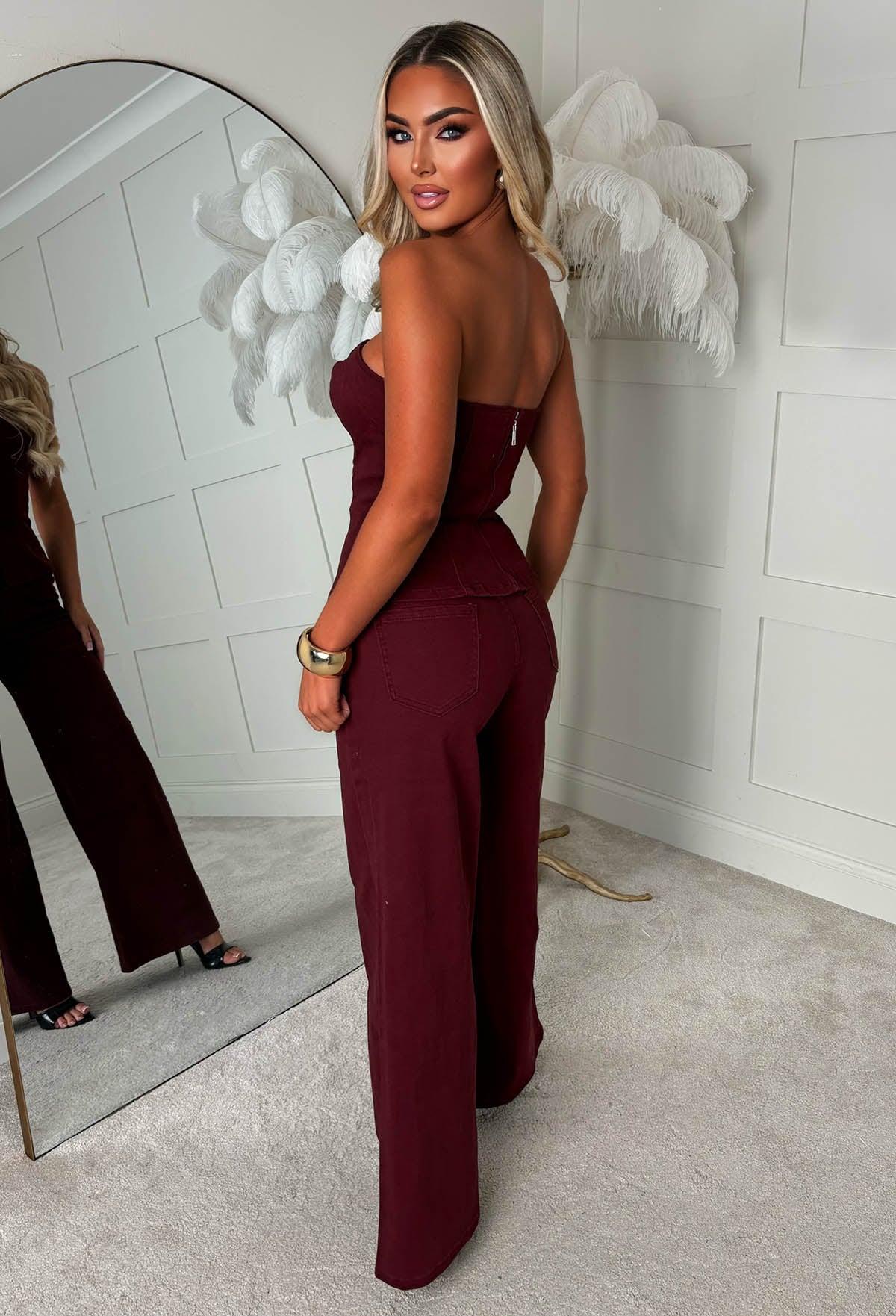 Just As Cool Burgundy Stretch Denim Jeans & Bandeau Co-Ord Set