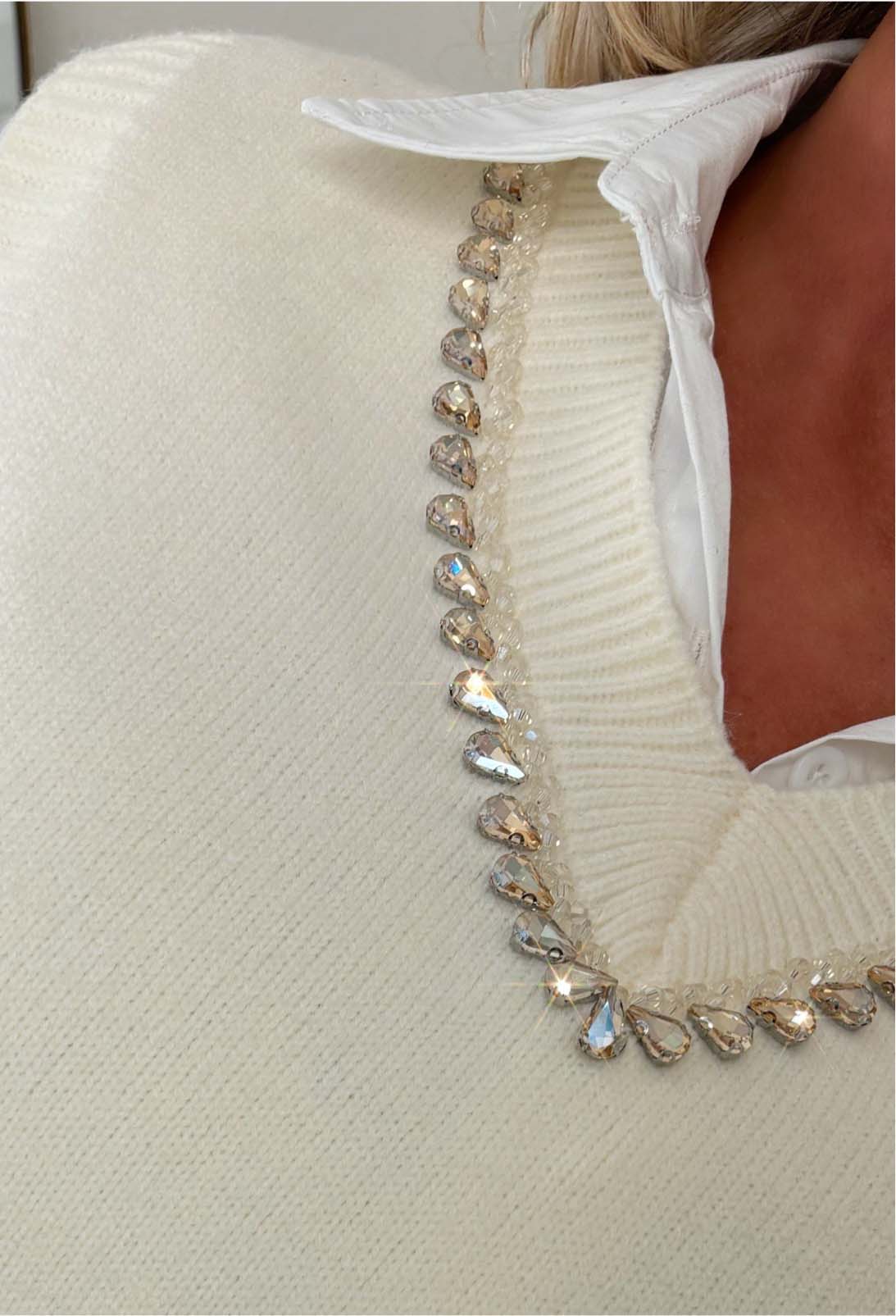 Just Desire Cream 2 In 1 Diamante Neck Embellished Jumper With Shirt