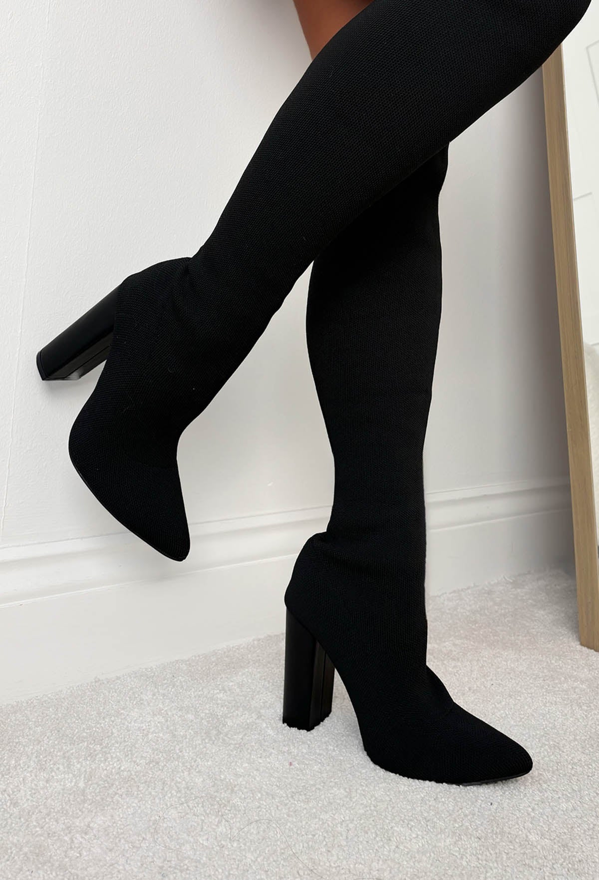 Just For You Black Stretch Over The Knee Block Heel Boots