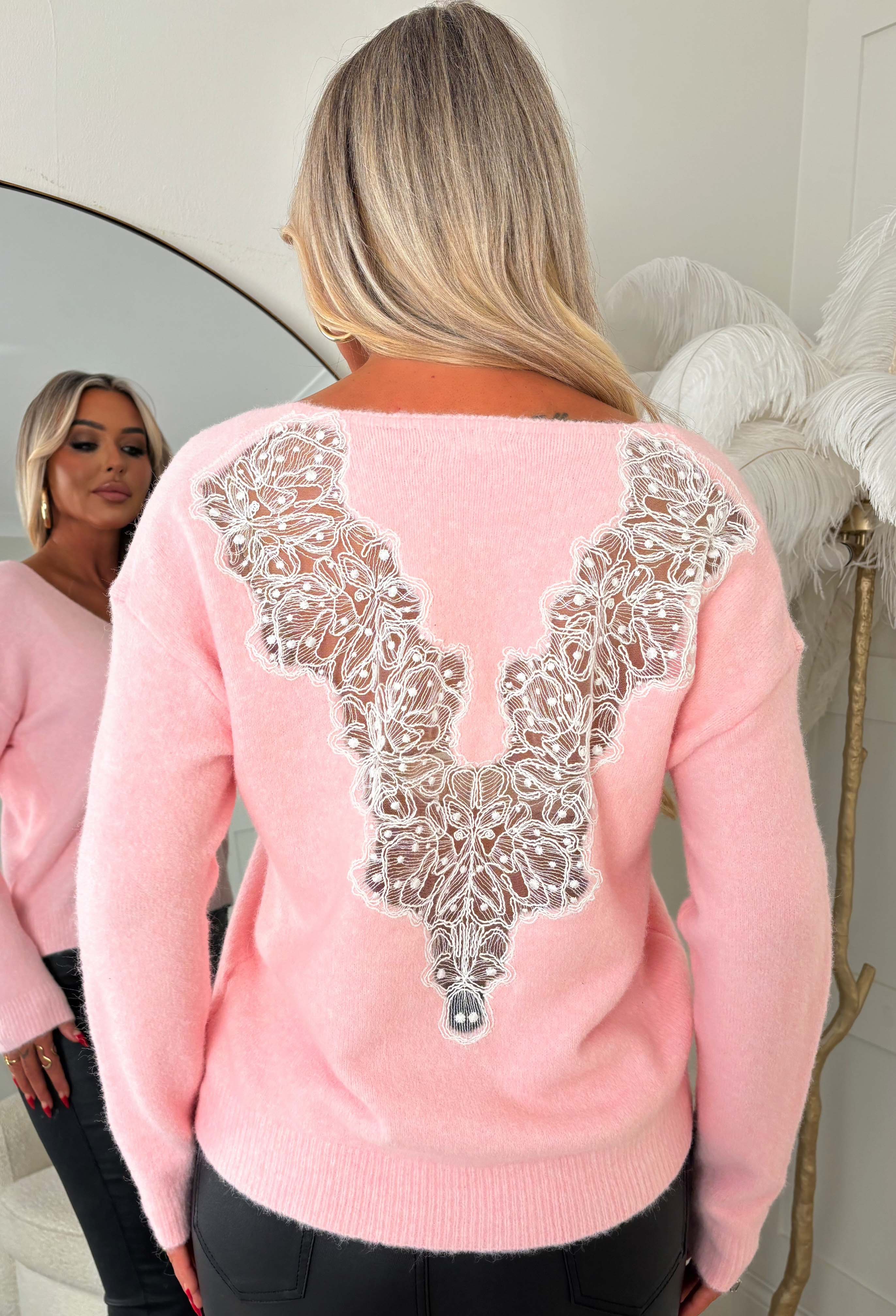 Just So Chic Pink Lace Back V Neck Jumper