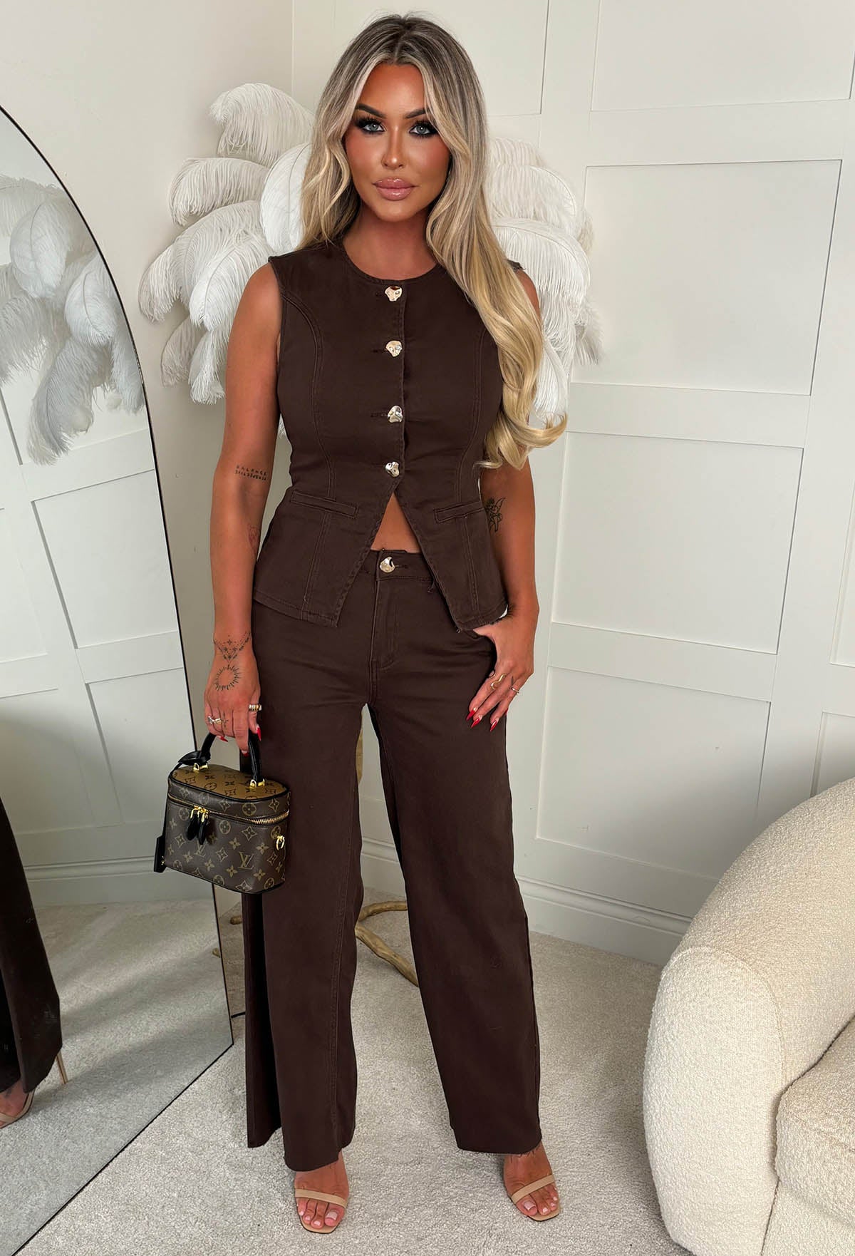 Just Too Cool Brown Stretch Denim Jeans & Waistcoat Co-ord Set