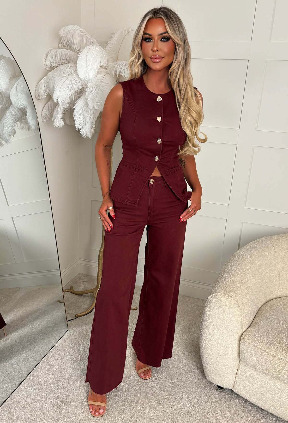 Just Too Cool Burgundy Stretch Denim Jeans & Waistcoat Co-ord Set