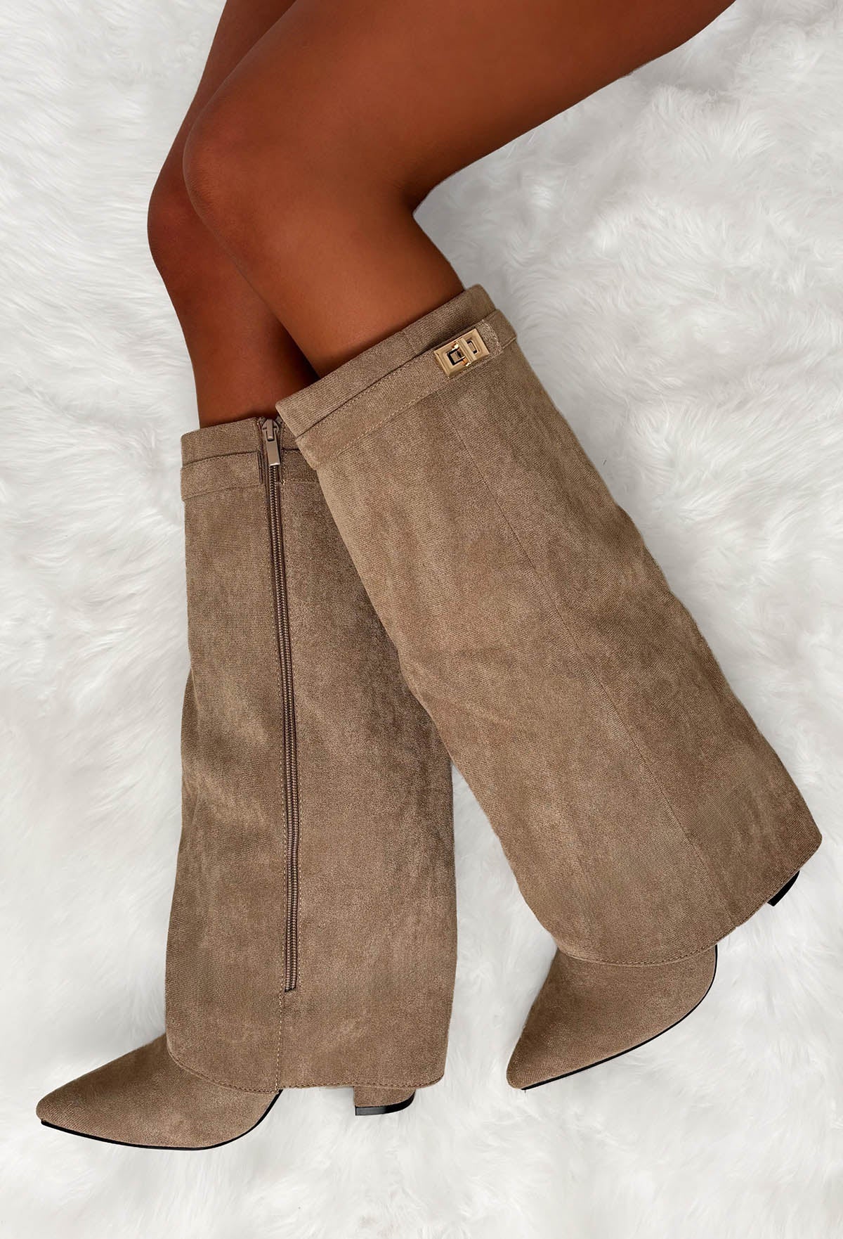 Women's Fold Over Knee High Boots Covered Wedge Heel Almond Toe Padlock Black Boot Wide Calf Pull-on Shoe　並行輸入品 Taupe Faux Suede Fold Over Knee High Lock Shark Boots | Pink Boutique