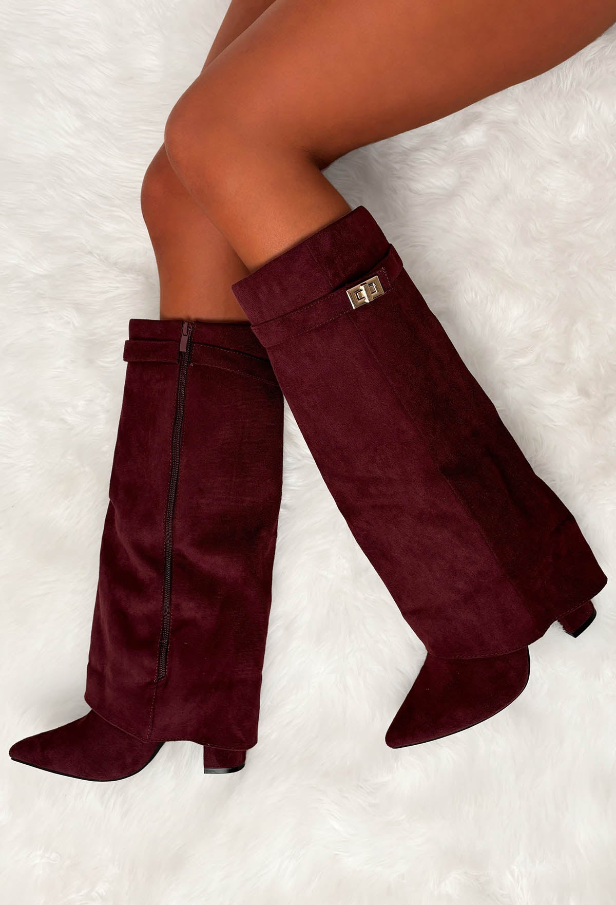 Keep It A Secret Wine Faux Suede Fold Over Knee High Lock Shark Boots