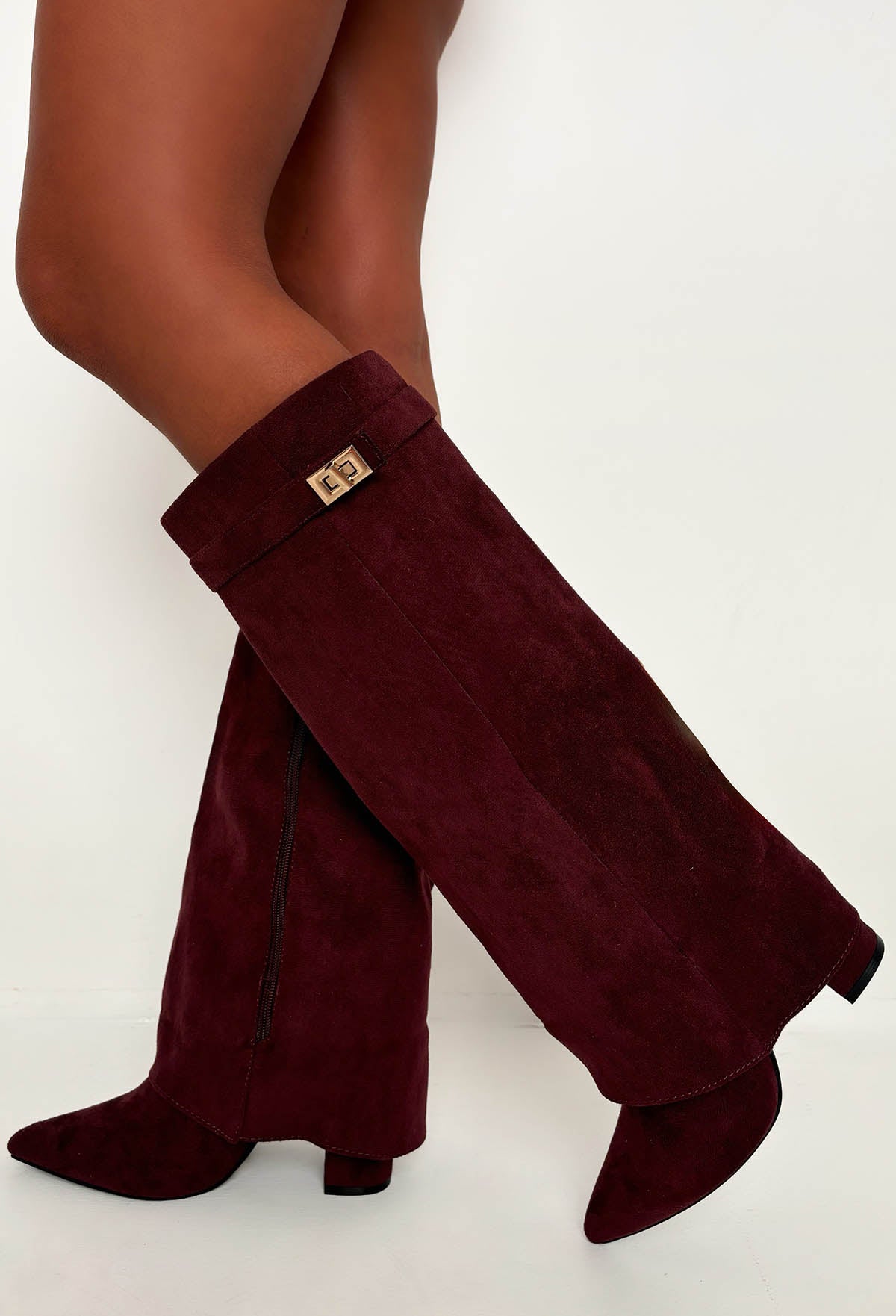 Keep It A Secret Wine Faux Suede Fold Over Knee High Lock Shark Boots