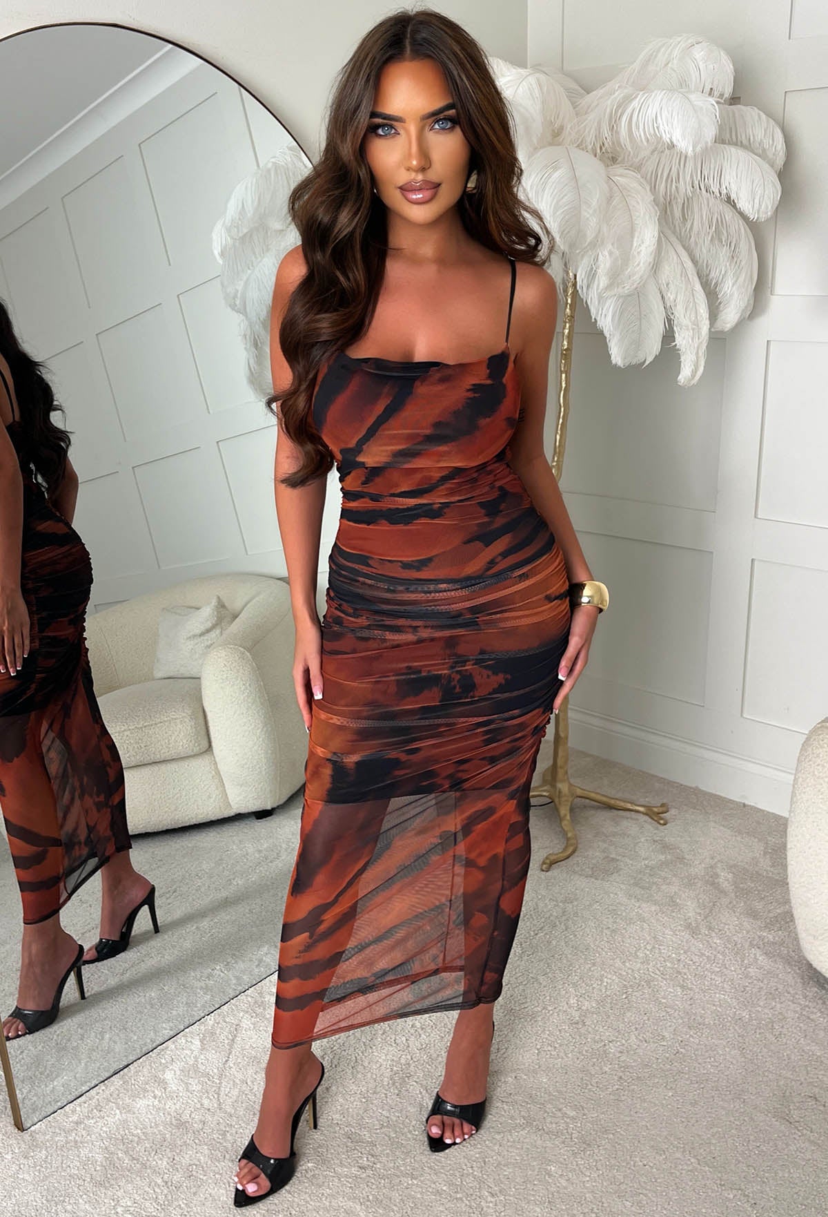 Kenya Black Printed Cowl Neck Mesh Cami Midi Dress