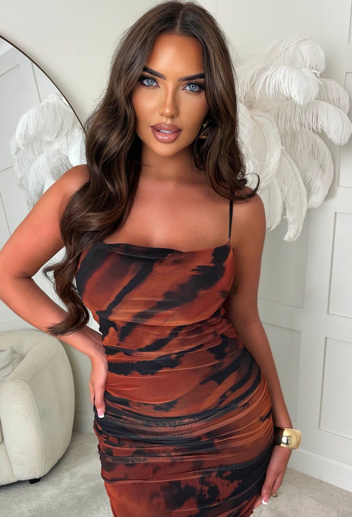 Kenya Black Printed Cowl Neck Mesh Cami Midi Dress