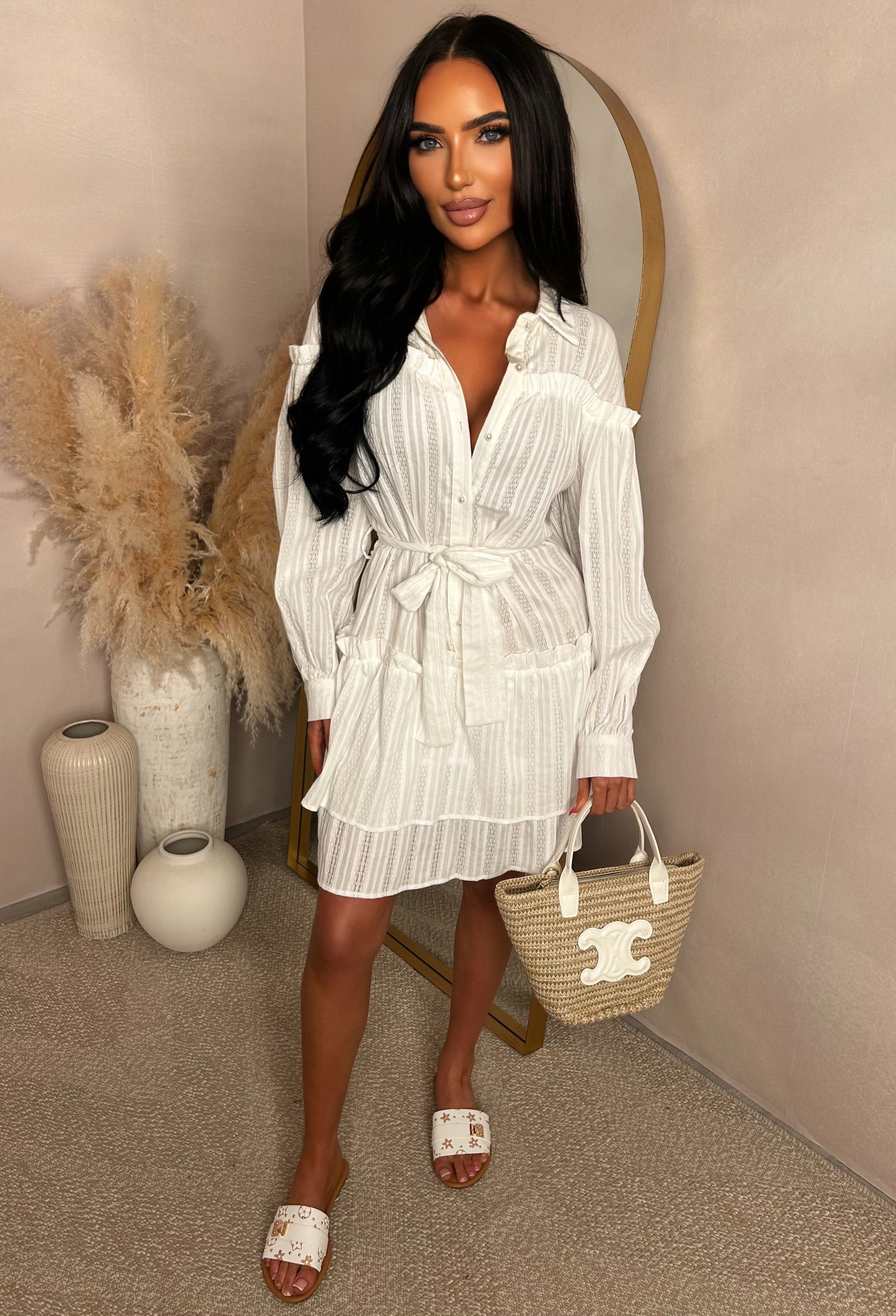 Kiss Me Sweetheart White Ruffle Mini Dress With Tied Bow