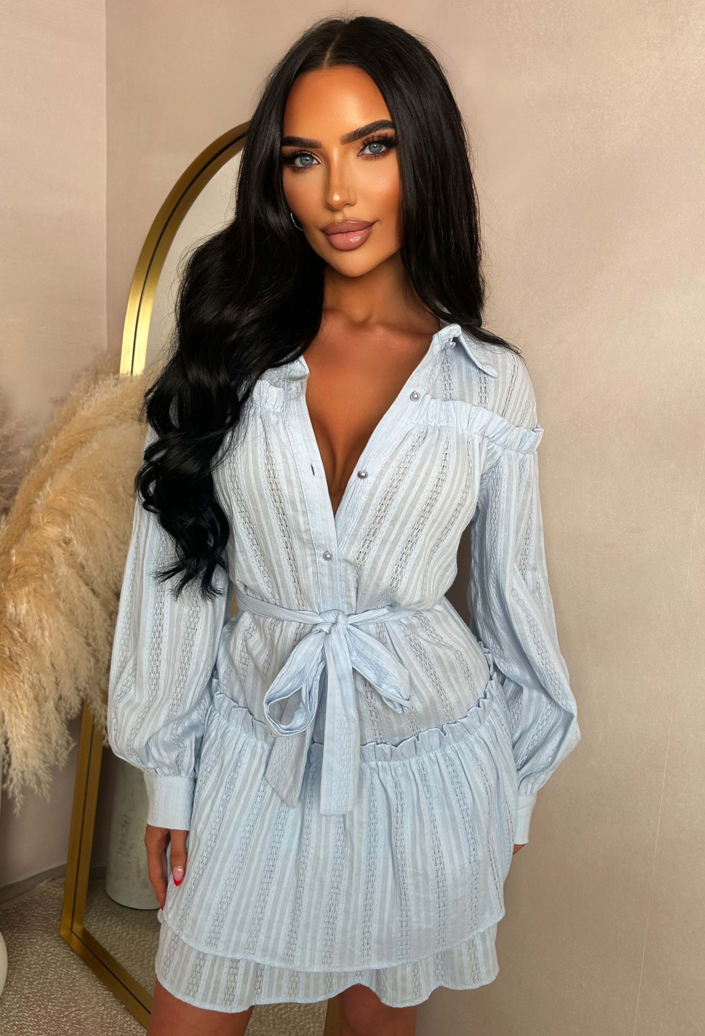 Kiss Me Sweetheart Blue Ruffle Mini Dress With Tied Bow