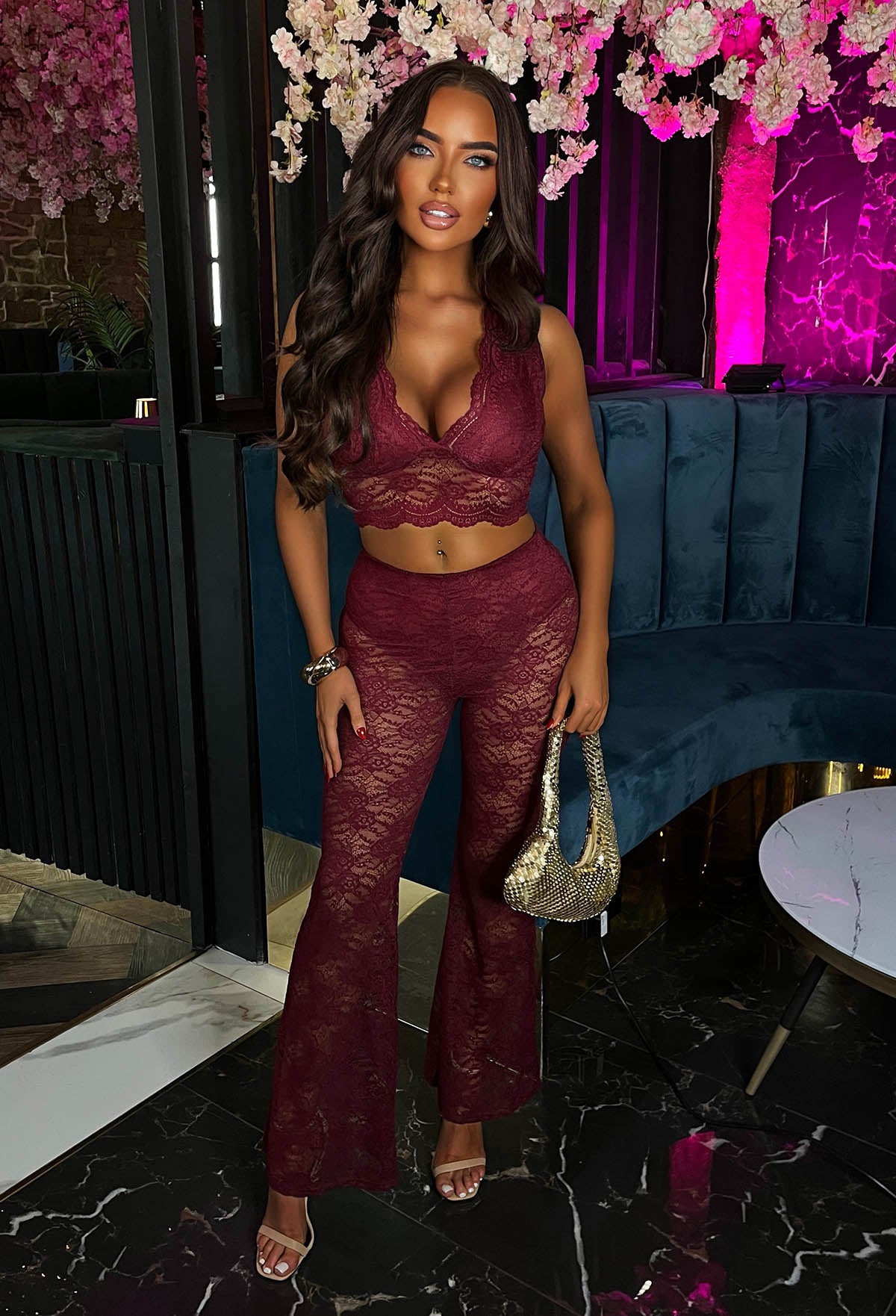 Lace Addiction Burgundy Lace Stretch Trouser Co-Ord Set