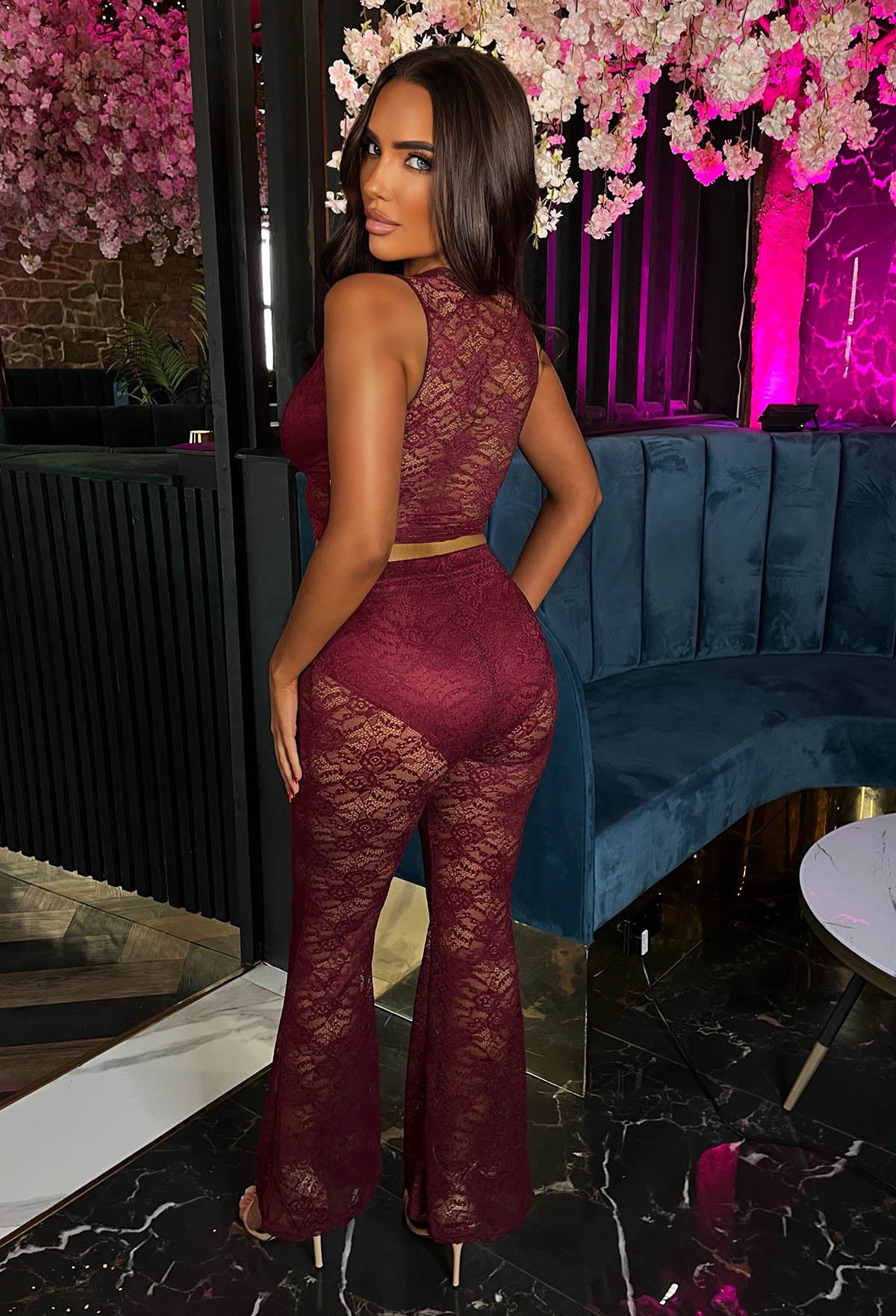 Lace Addiction Burgundy Lace Stretch Trouser Co-Ord Set