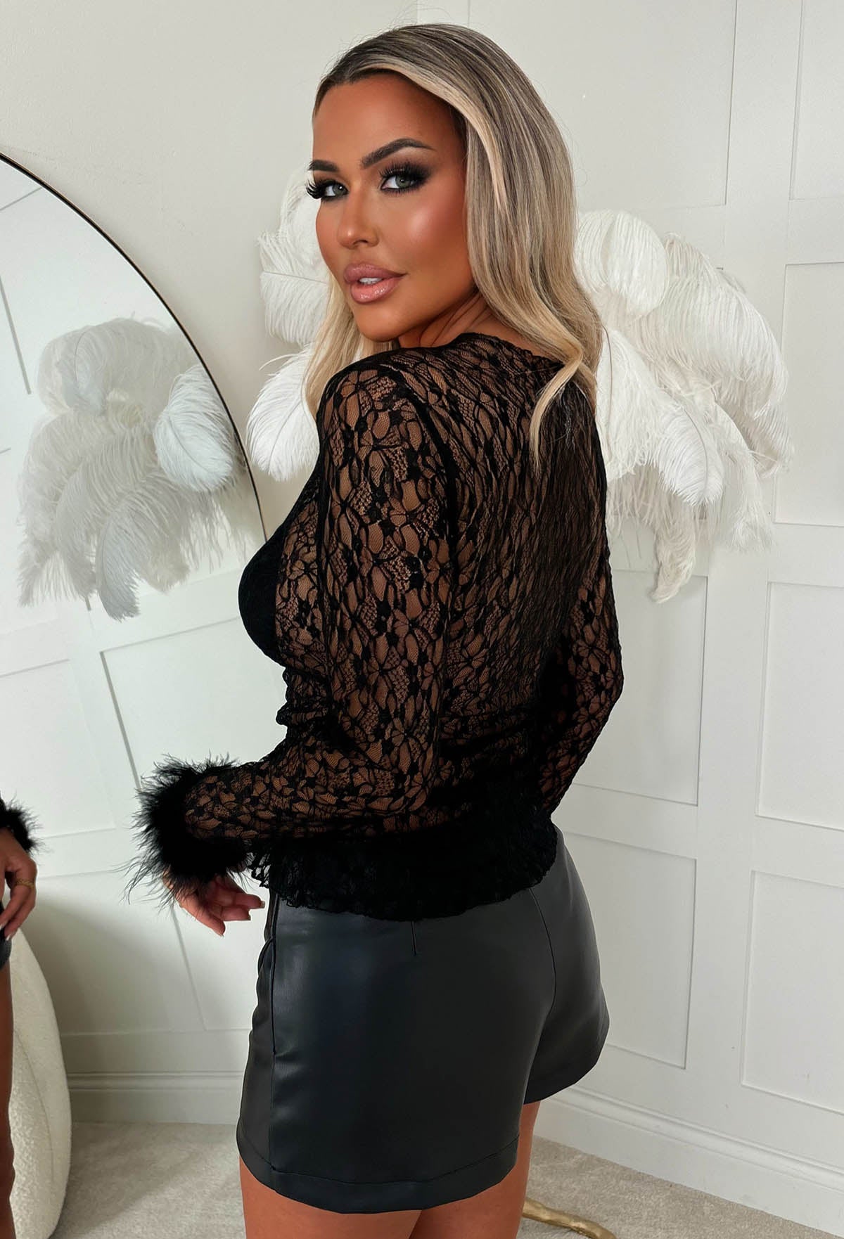 Lace And Luxe Black Lace Feather Cuff Top