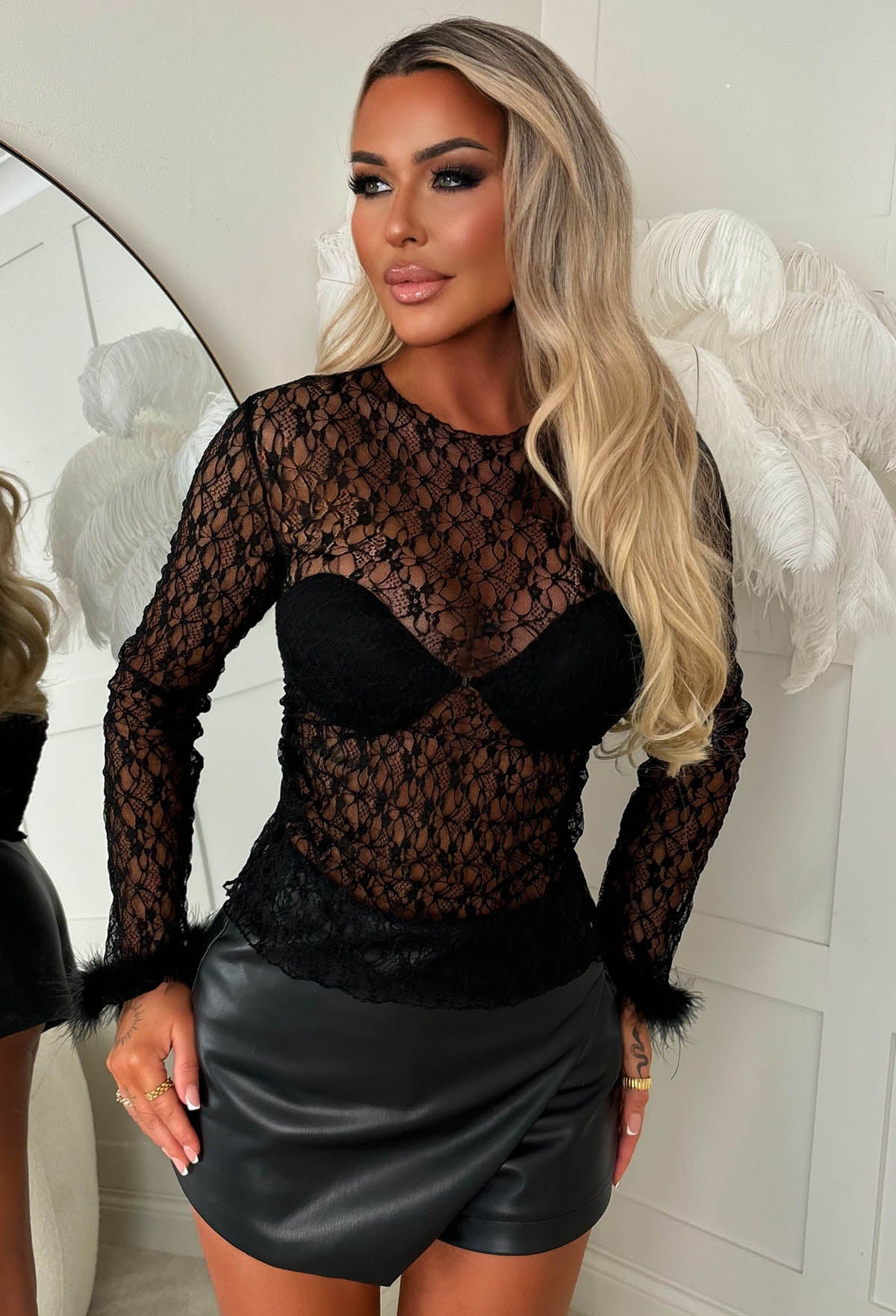 Lace And Luxe Black Lace Feather Cuff Top