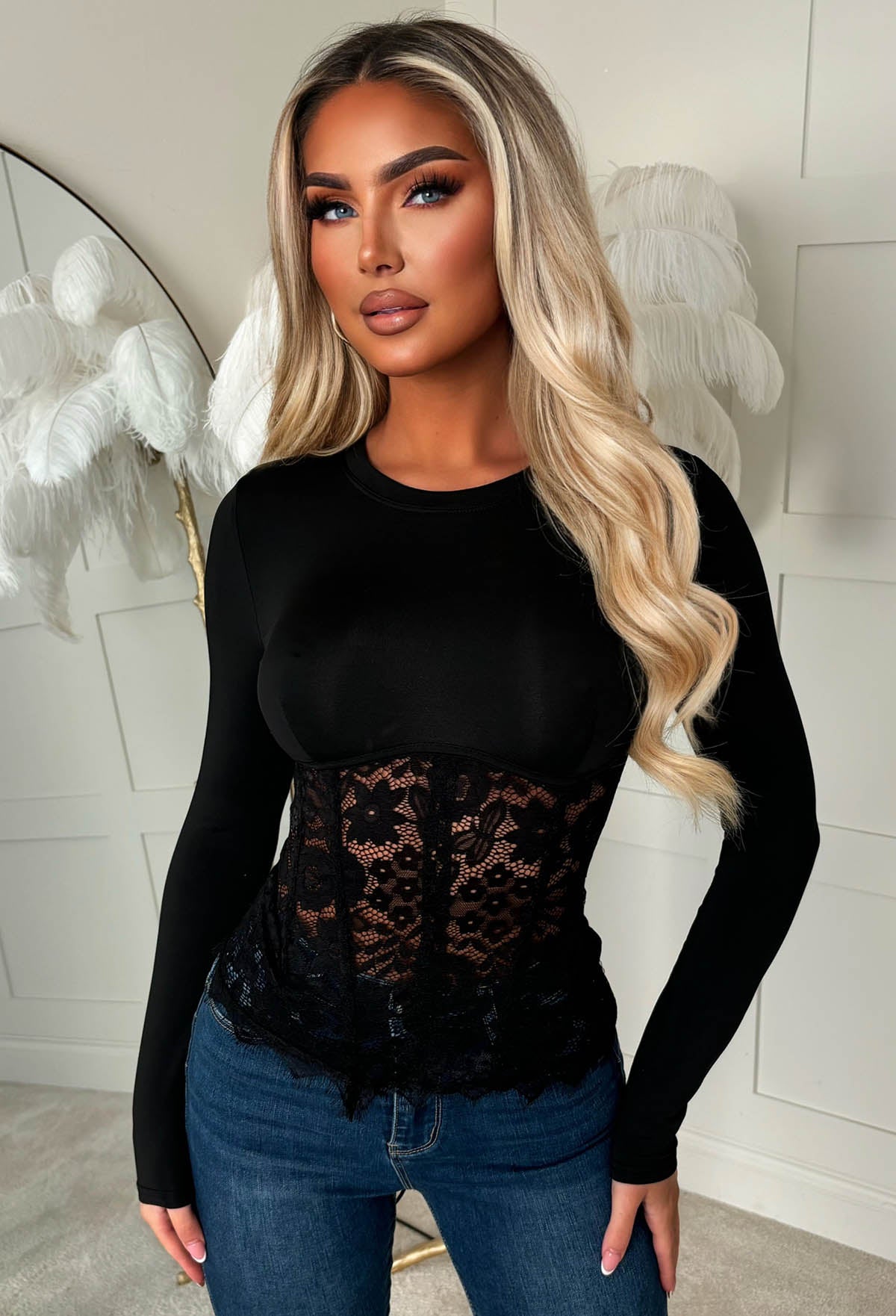 Lace Daydream Black Long Sleeve Corset Top | Pink Boutique