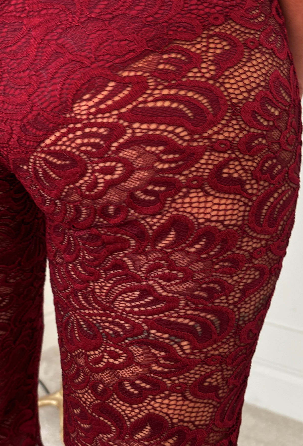 Lace Destiny Burgundy Stretch Lace Scalloped Hem Trousers