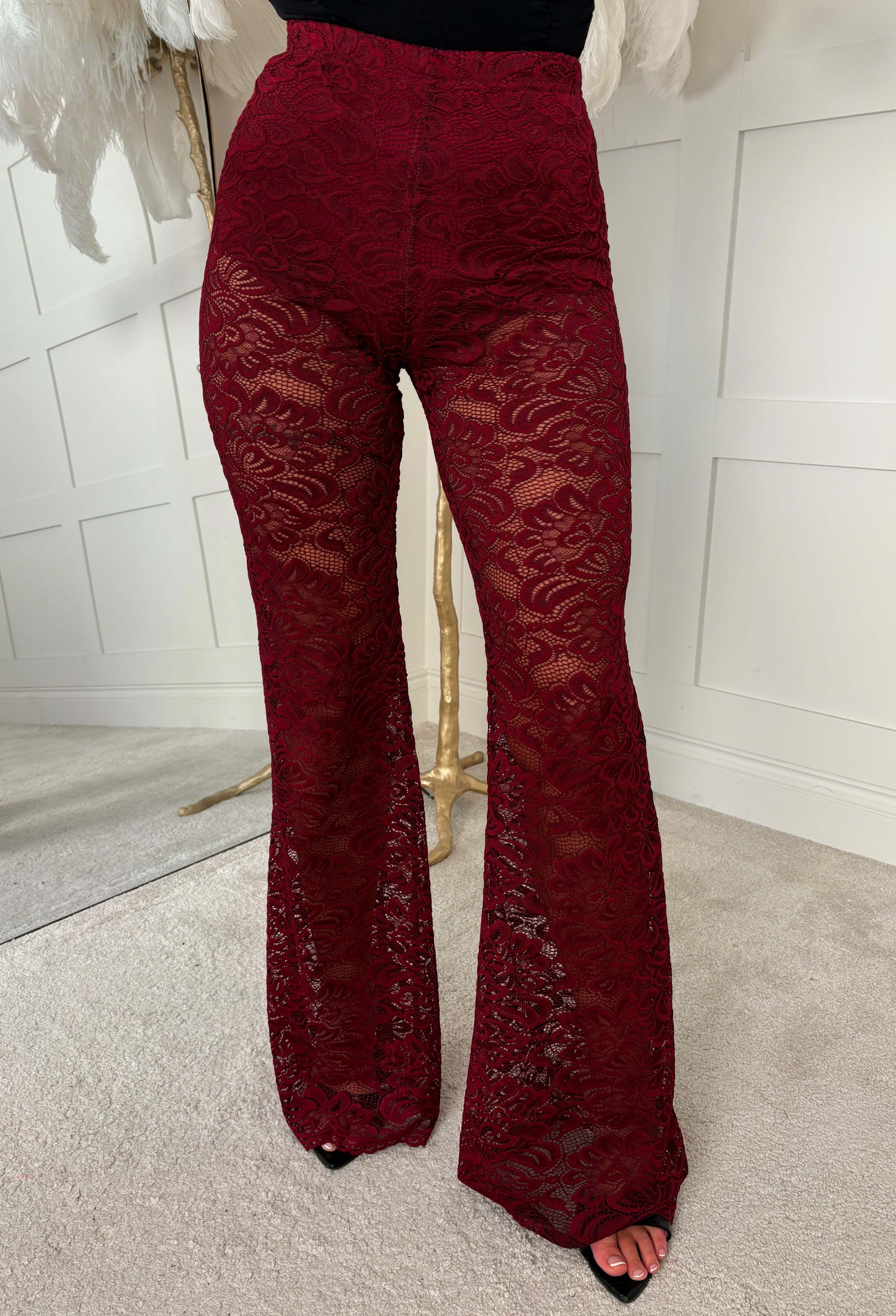Lace Destiny Burgundy Stretch Lace Scalloped Hem Trousers