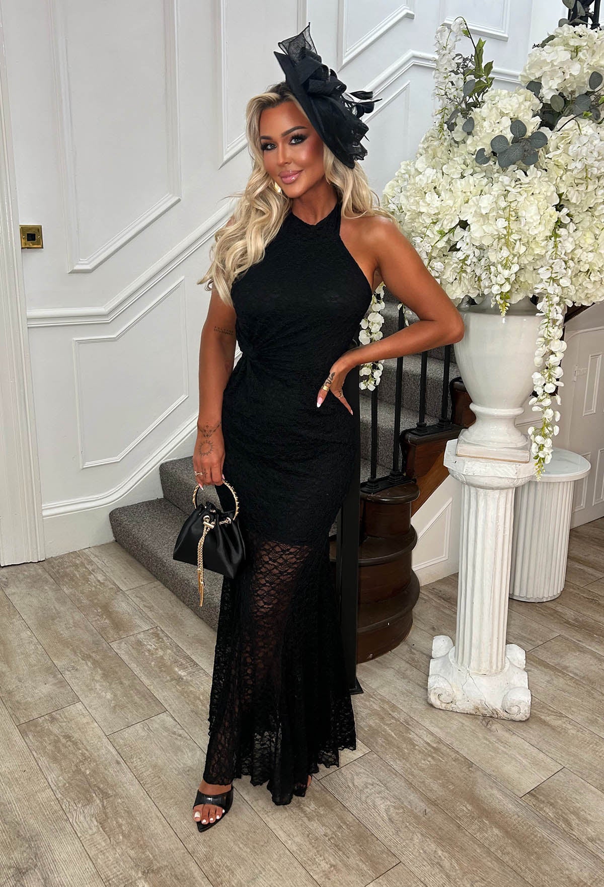 Lace Obsession Black Halter Lace Twist Side Maxi Dress