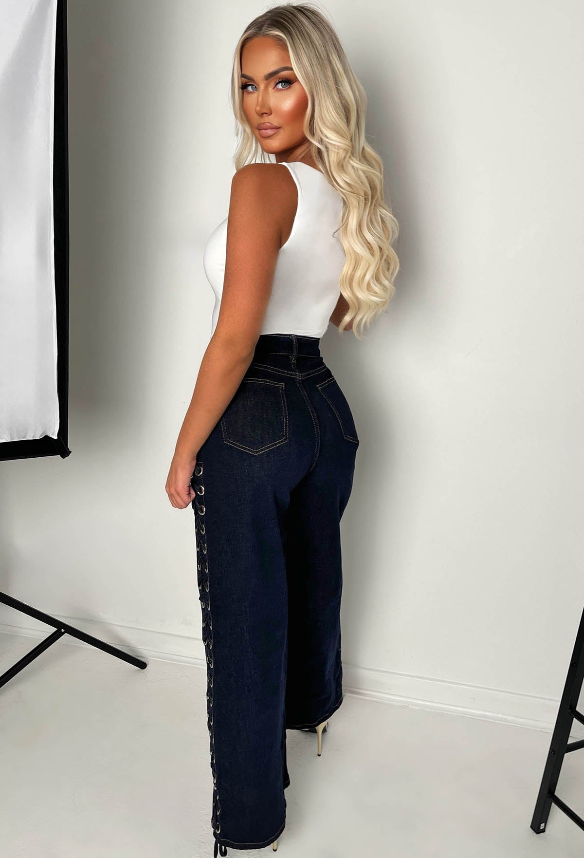 Laced Lust Mid Blue Wide Leg Stretch Eyelet Jeans