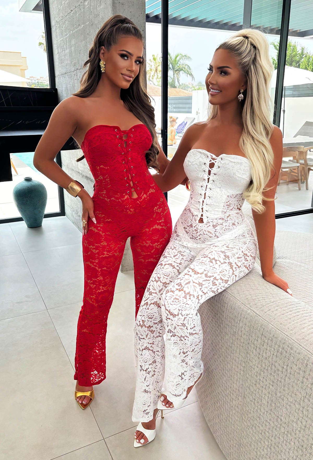 Laced Luxe Red Laced Up Lace Jumpsuit