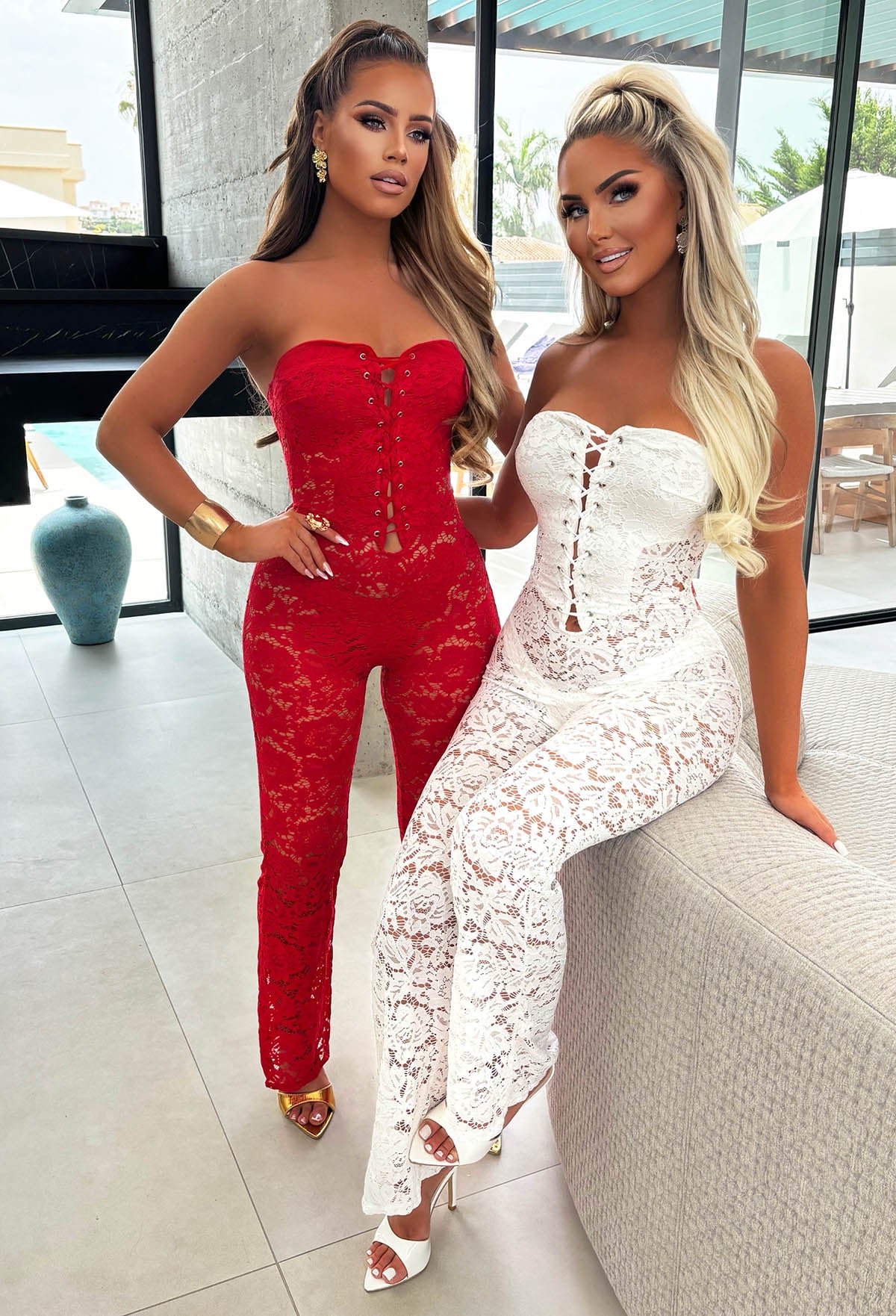 Laced Luxe Red Laced Up Lace Jumpsuit