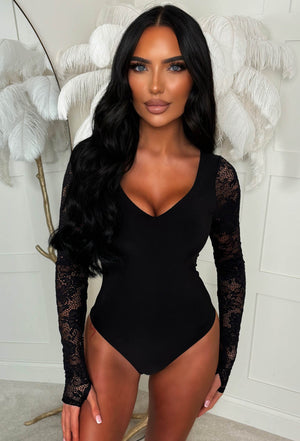 Laced To Impress Black V-Neck Jersey Lace Sleeve Bodysuit
