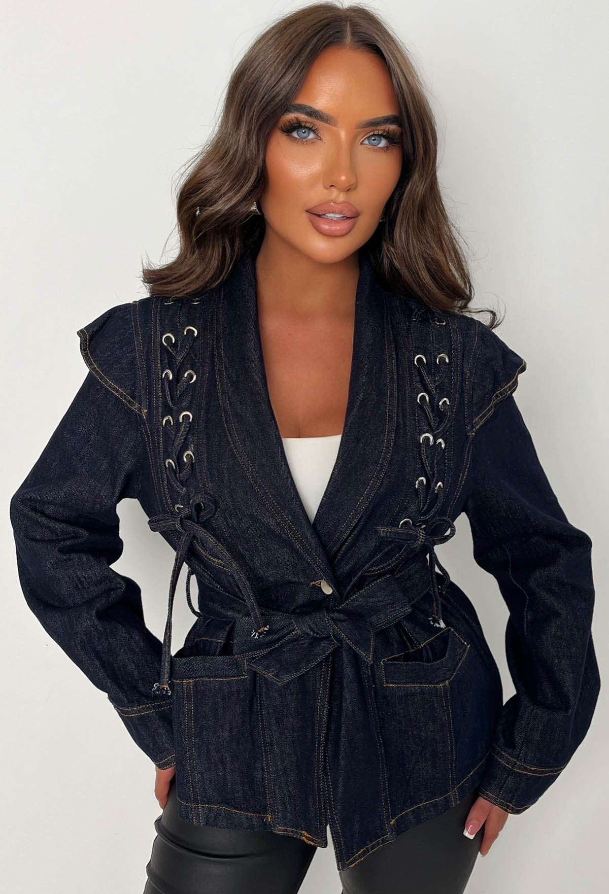 Laced Up Dark Blue Belted Fitted Denim Jacket