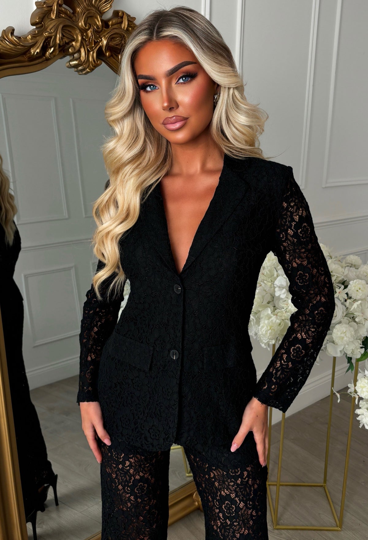 Black lace blazer with a tailored fit, sheer lace long sleeves, deep V neckline and button fastening.