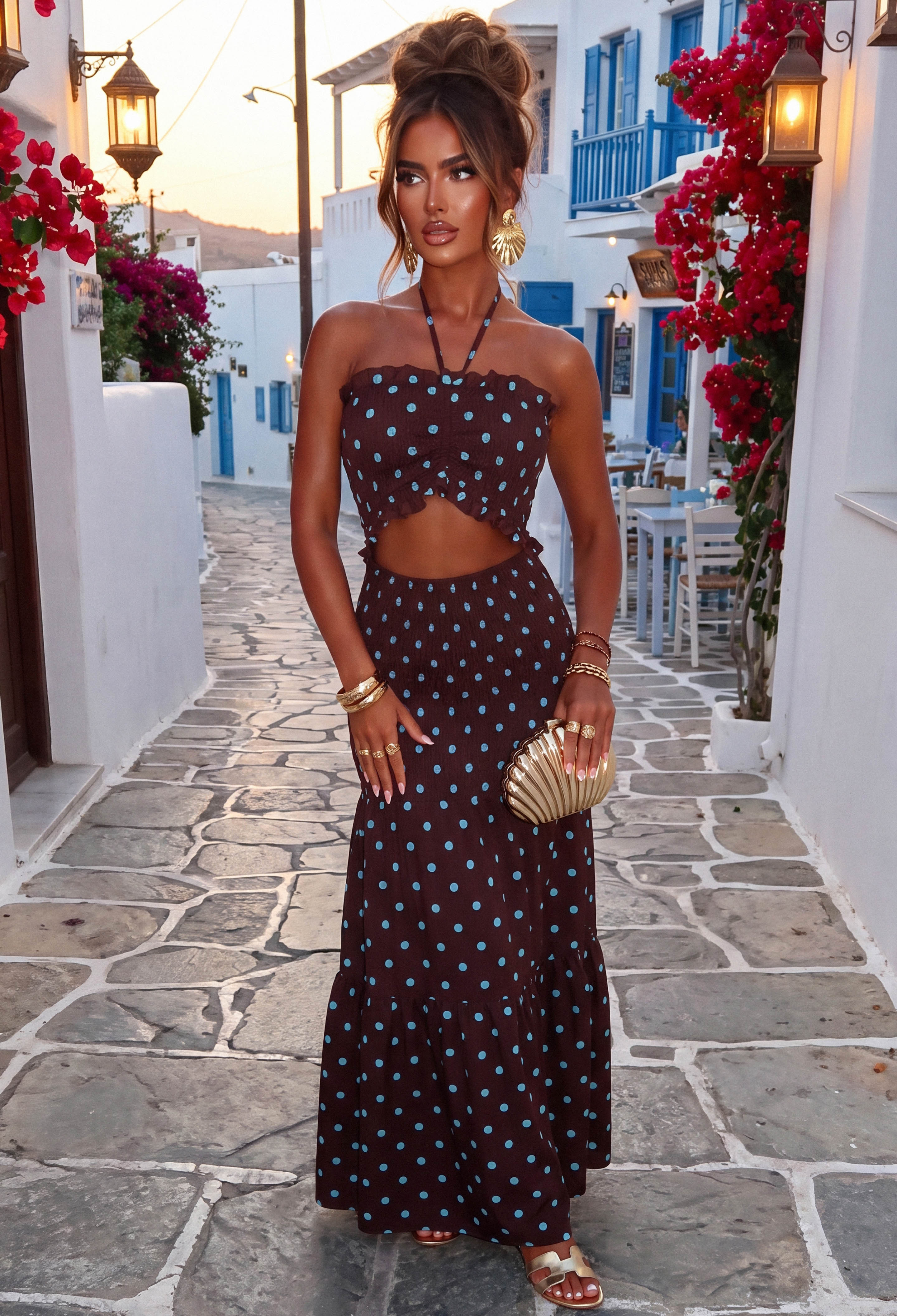Chocolate Brown Polka Dot Maxi Dress