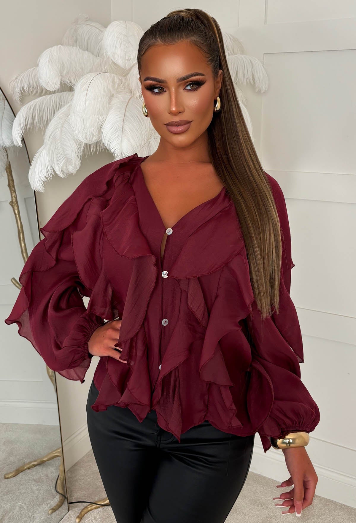 Lay Your Love Burgundy Ruffle Blouse