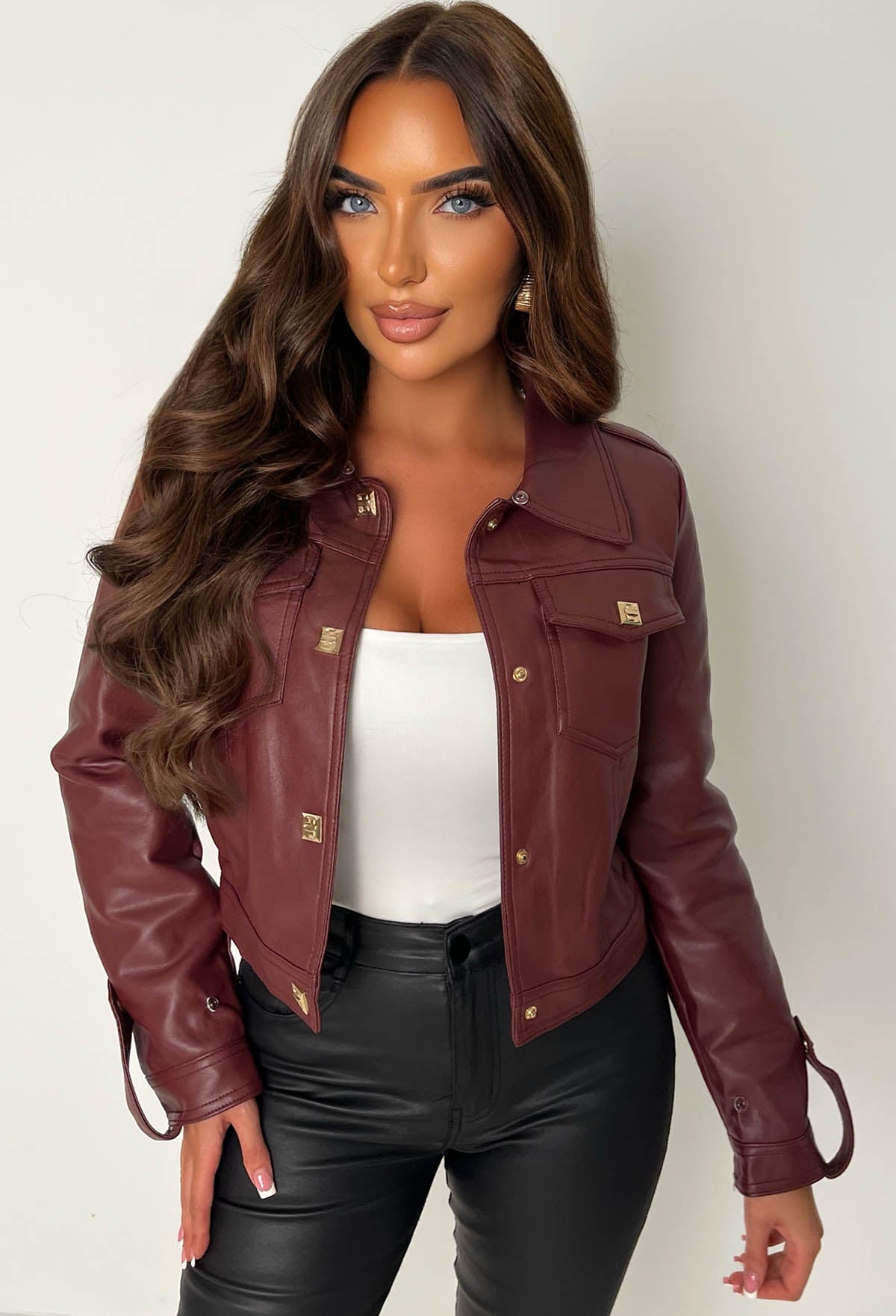 Leather & Luxe Burgundy Faux Leather Fur Collar Cropped Jacket