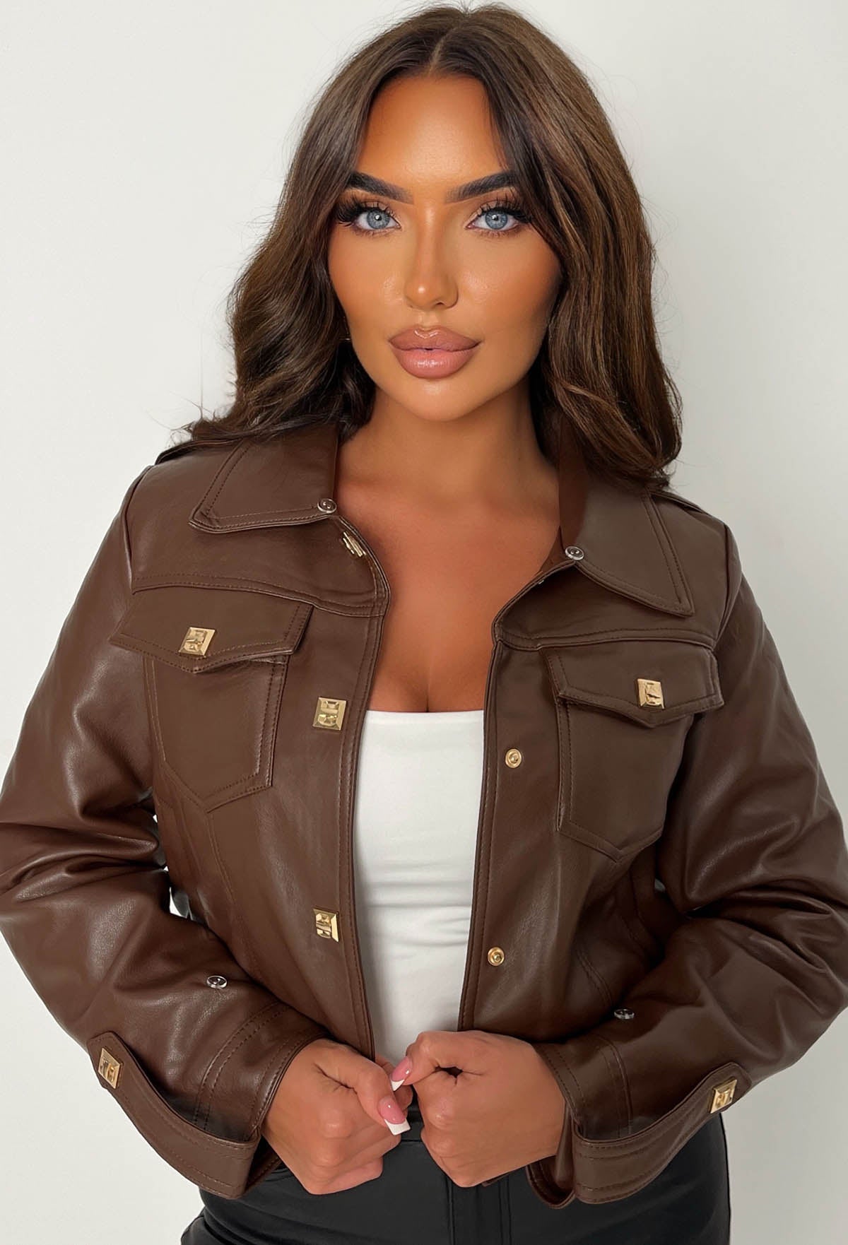Leather & Luxe Chocolate Brown Faux Leather Fur Collar Cropped Jacket