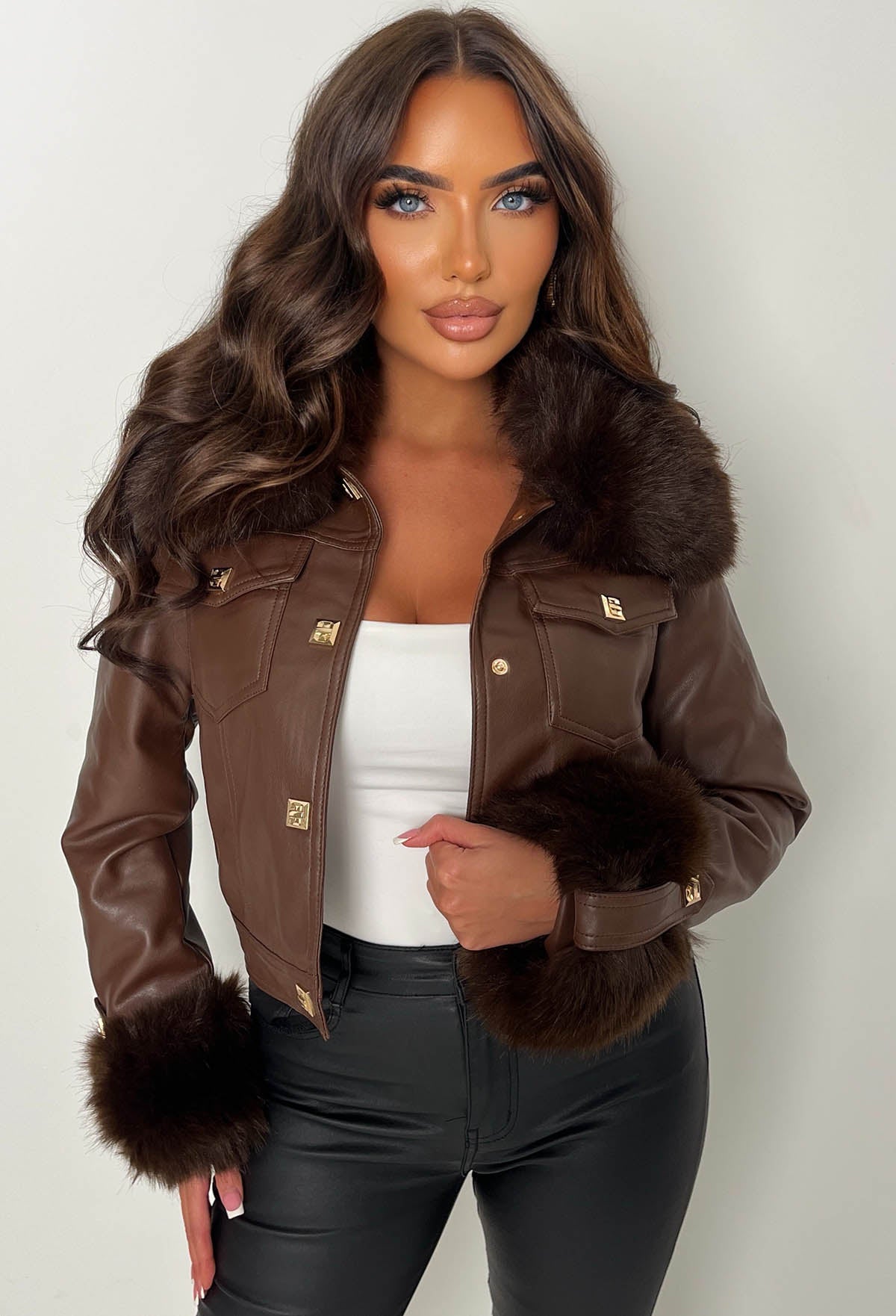 Leather & Luxe Chocolate Brown Faux Leather Fur Collar Cropped Jacket