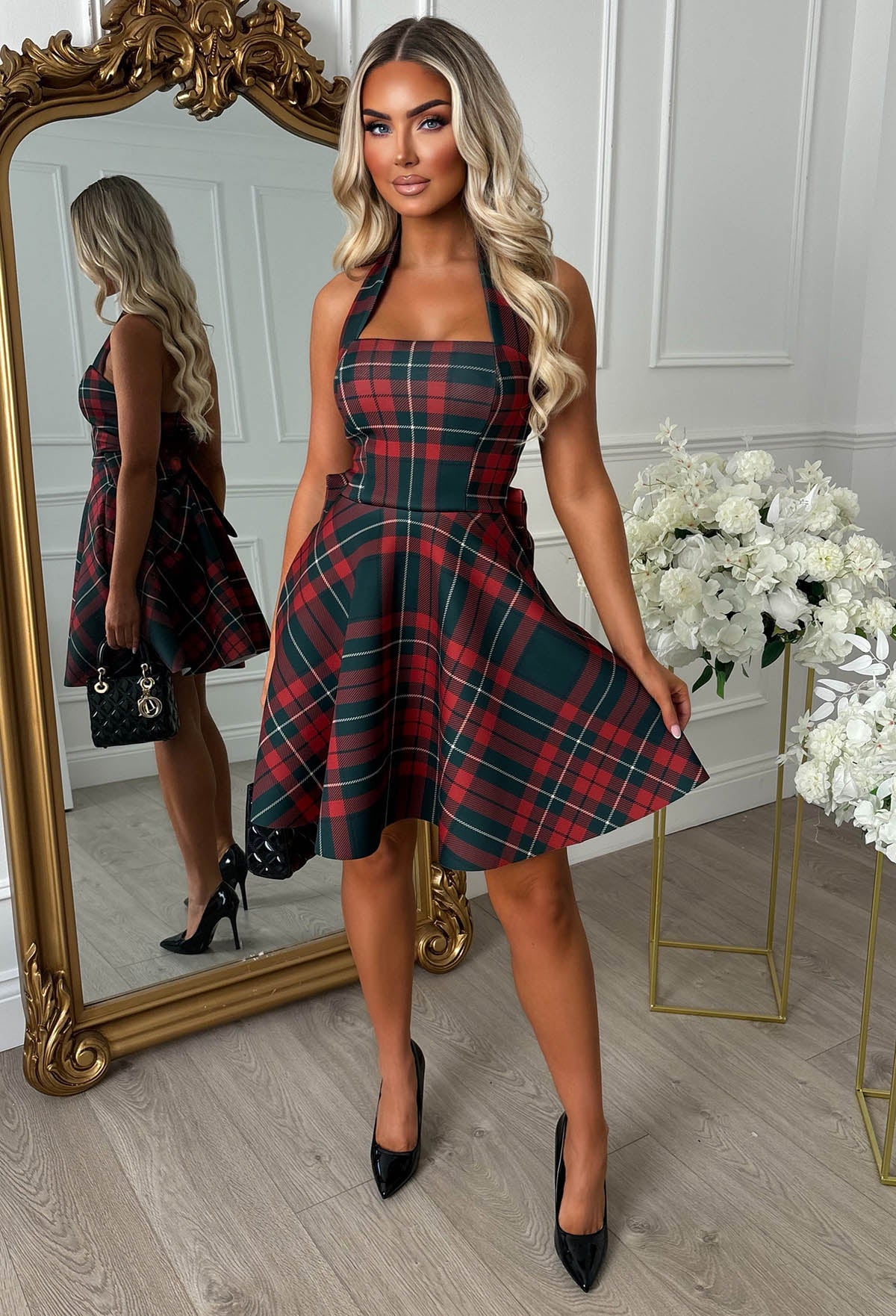 Let It Bow Multi Tartan Bow Back Mini Dress