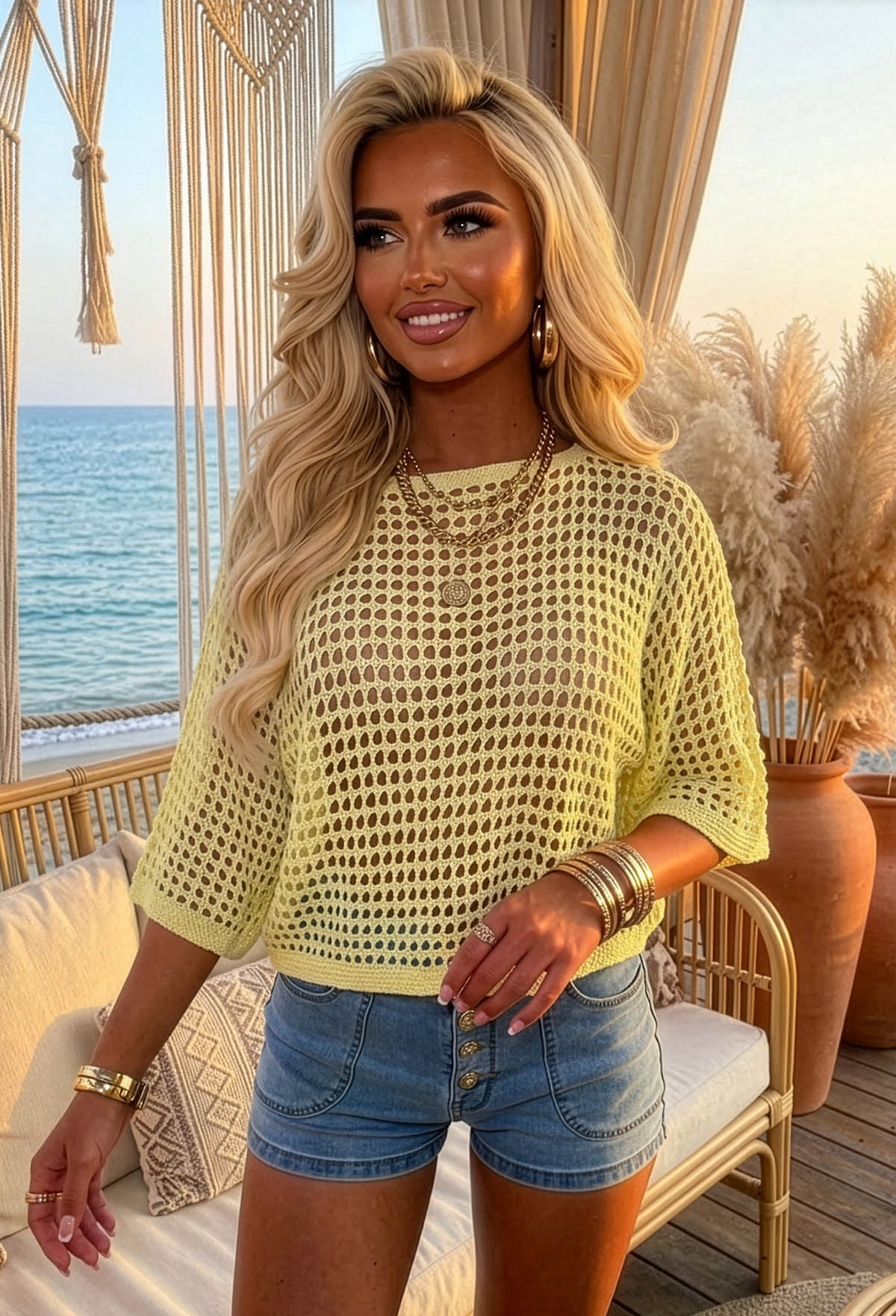 Let Your Dreams In Lemon Loose Net Knitted Crochet Top