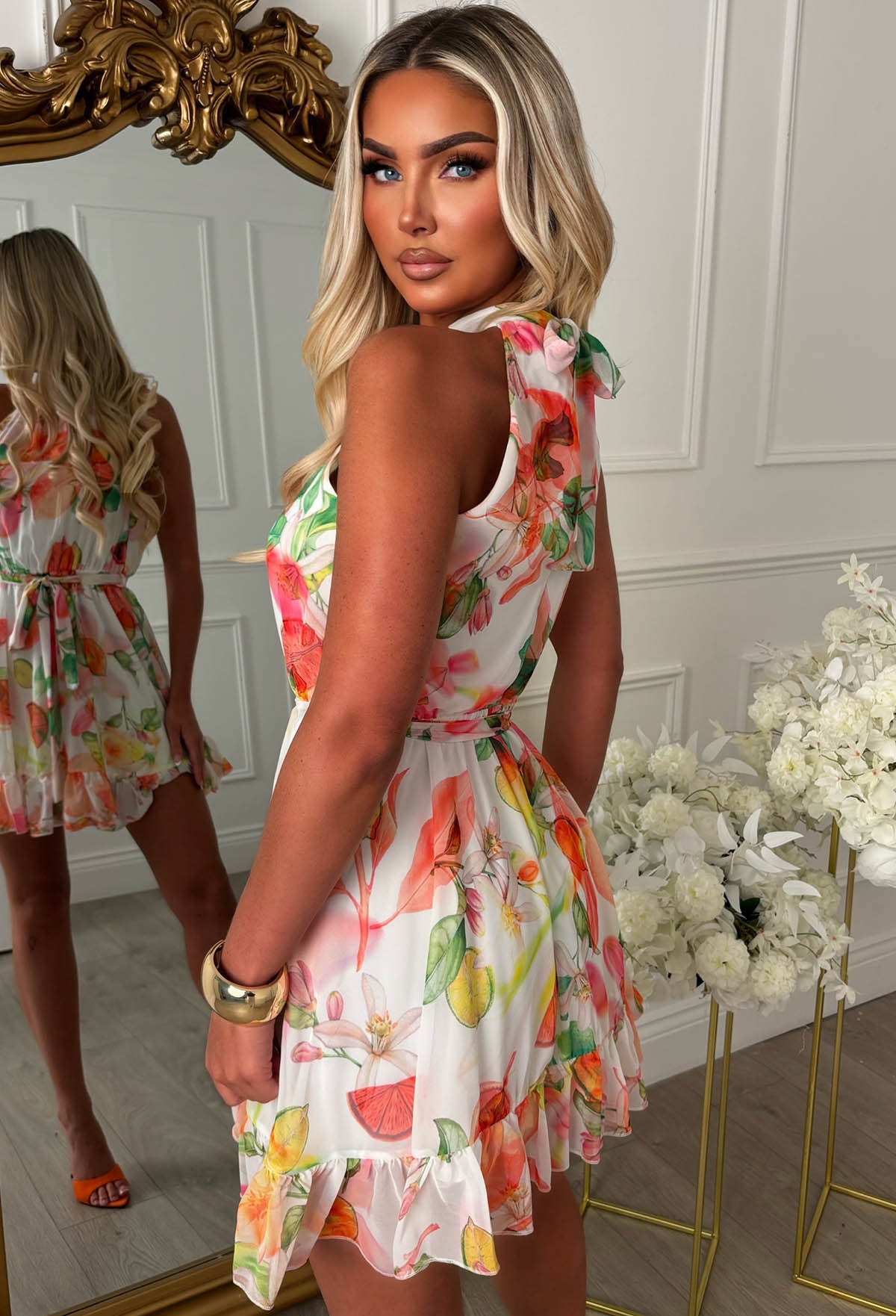 Let's Get Fruity Multi Halter Tie Neck Belt Mini Dress