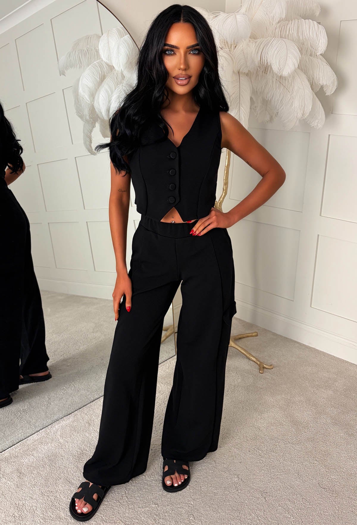 Lined Up For More Black Waistcoat & Cargo Trouser Co-ord Set