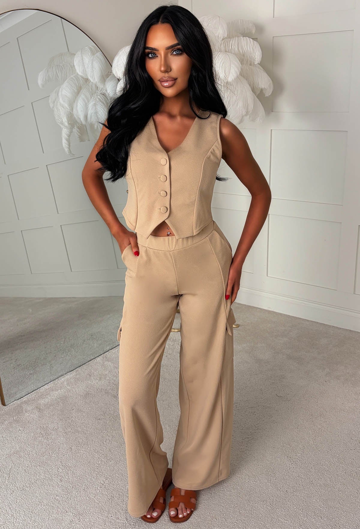 Lined Up For More Nude Waistcoat & Cargo Trouser Co-ord Set