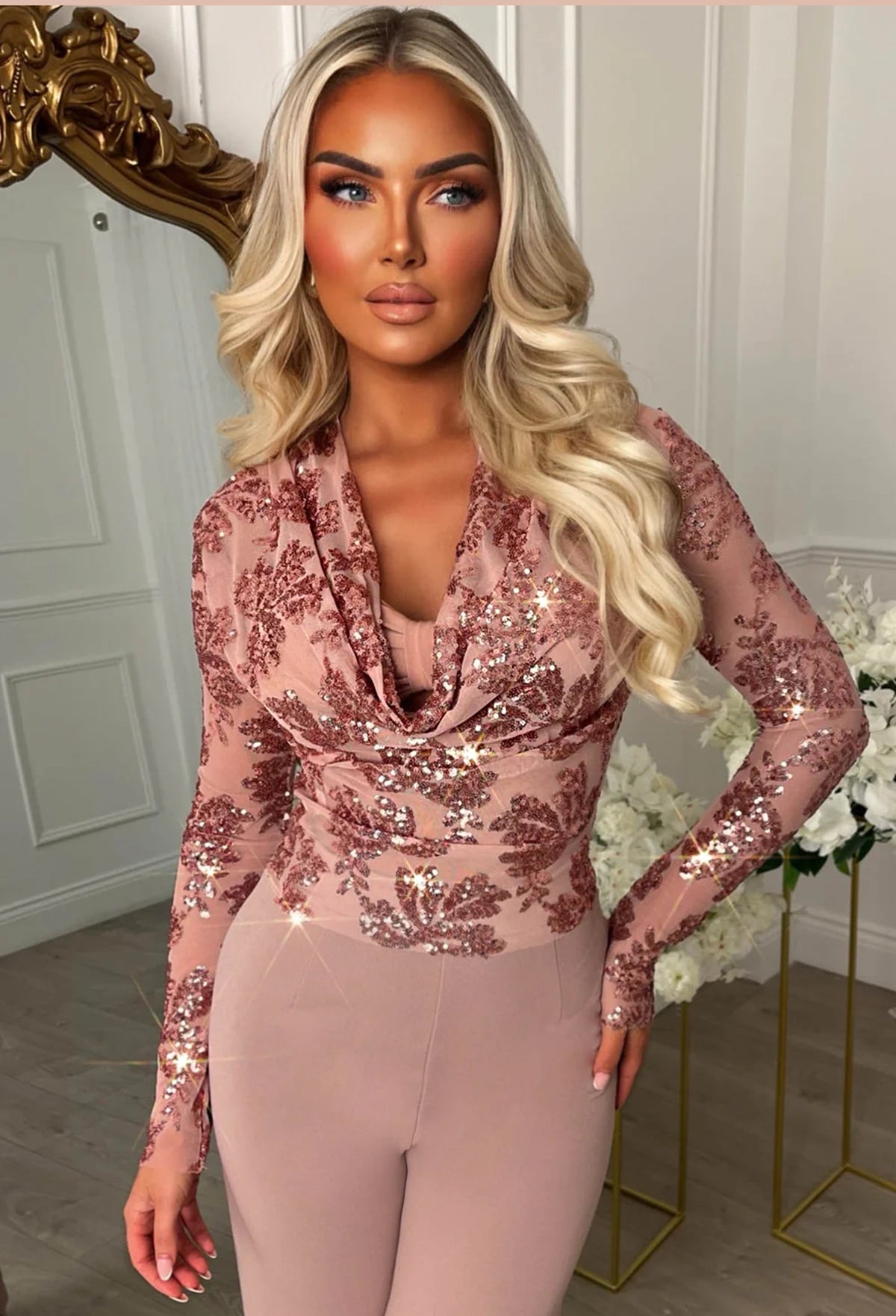 Liquid Luxe Pink Sequin Draped Cowl Neck Top