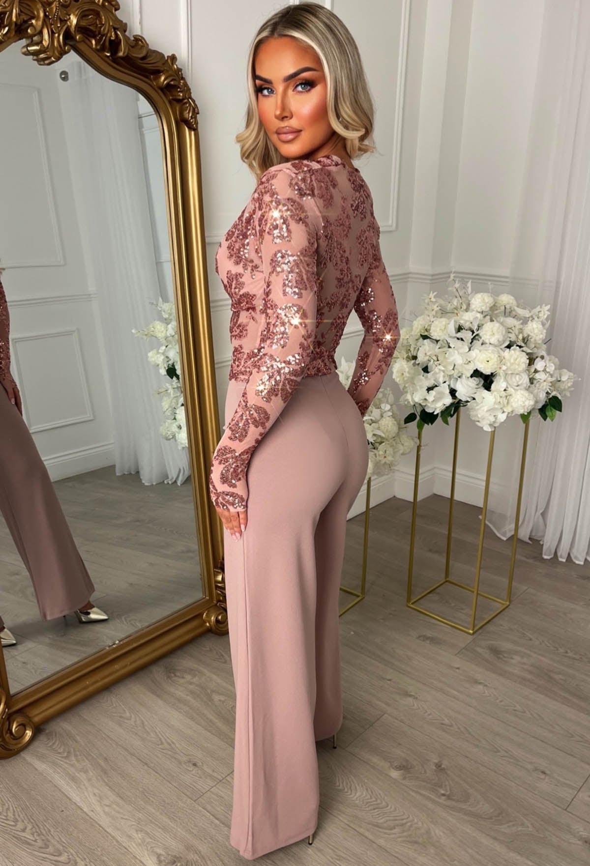 Liquid Luxe Pink Sequin Draped Cowl Neck Top