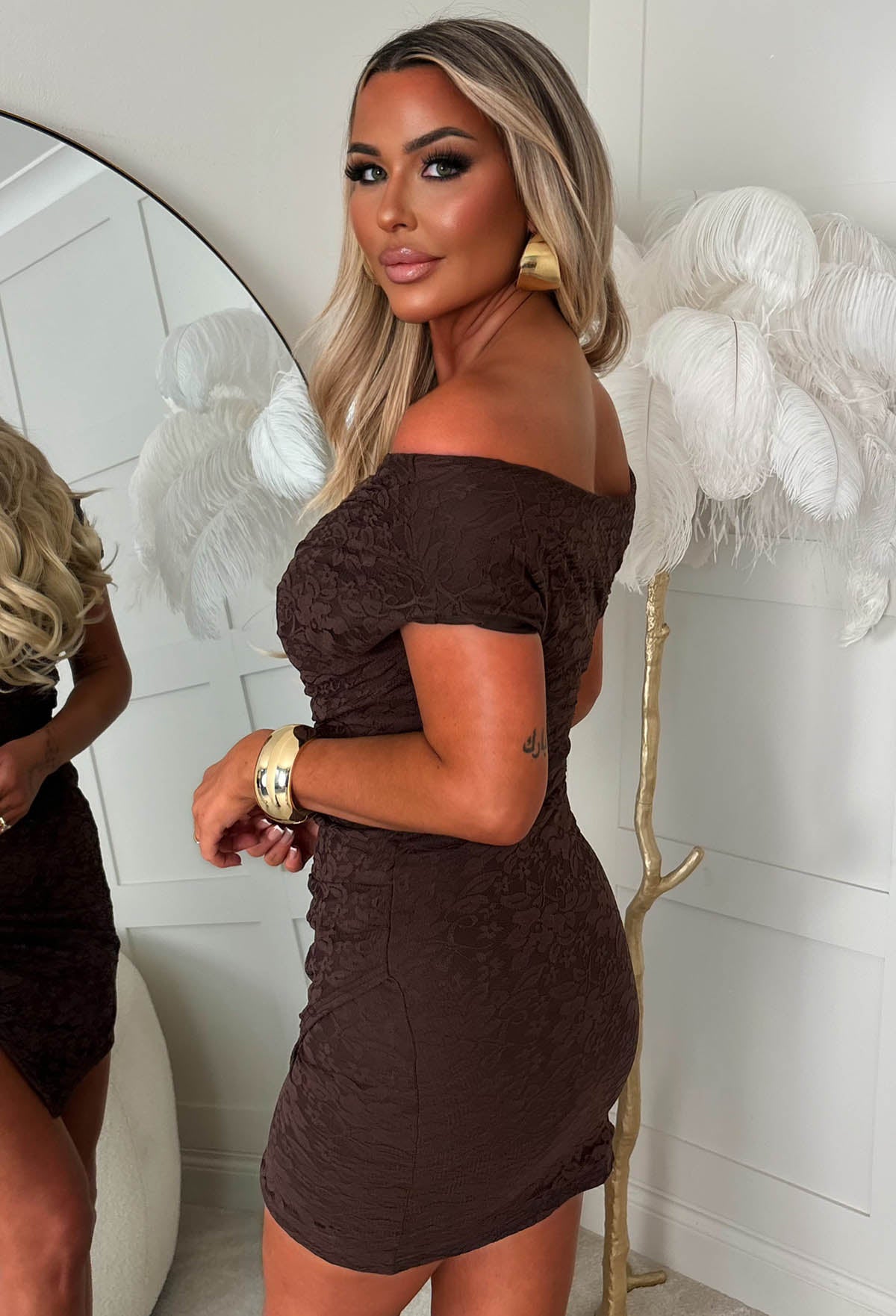 Little Cutie Chocolate Brown Lace Off Shoulder Ruched Dress