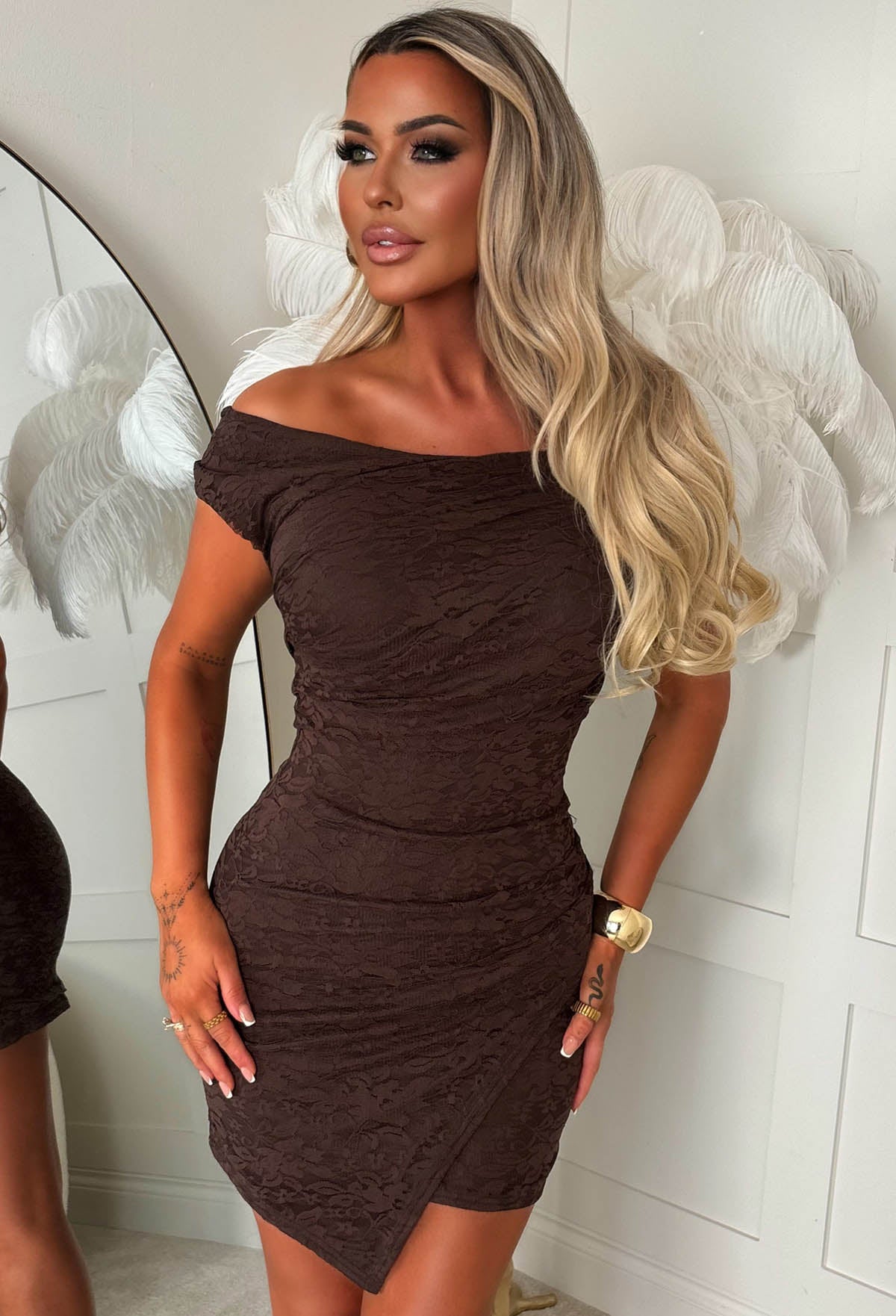 Little Cutie Chocolate Brown Lace Off Shoulder Ruched Dress