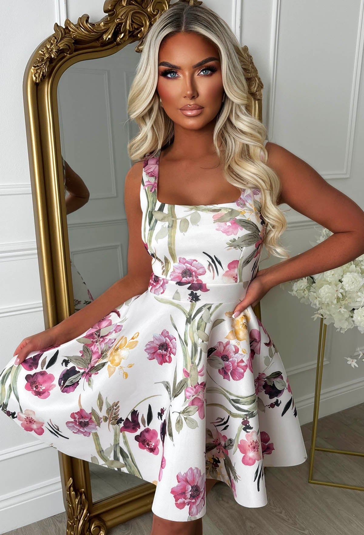 Little Petal Multi Pretty Floral Flared Skirt Mini Dress | Pink Boutique
