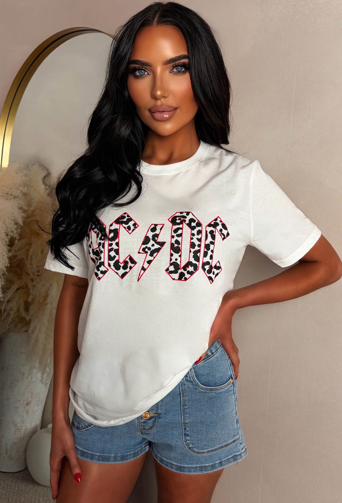 Livin' Easy, Lovin' Freely White Leopard Print AC/DC T-shirt