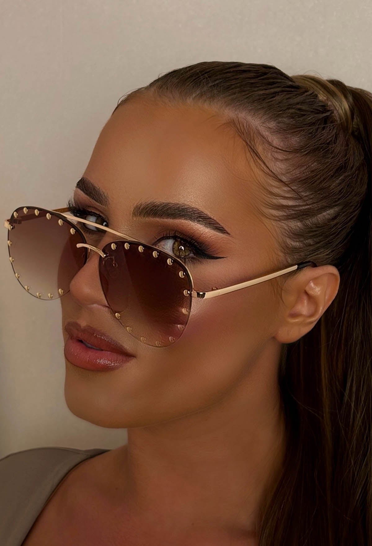 Looking Good Brown Studded Aviator Sunglasses