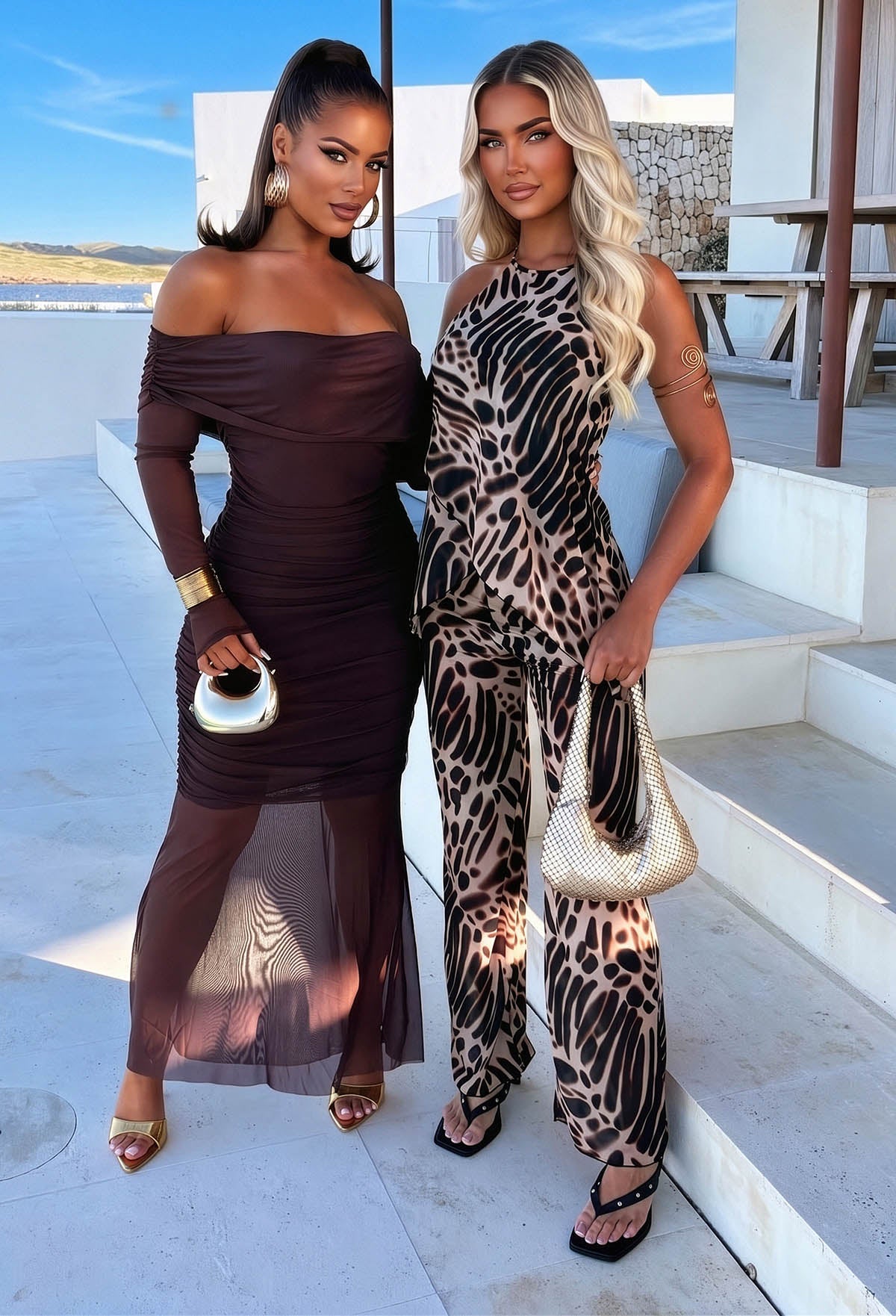 Model Duo Brown Animal Print Top & Trouser Co-ord Set Full Length Front View