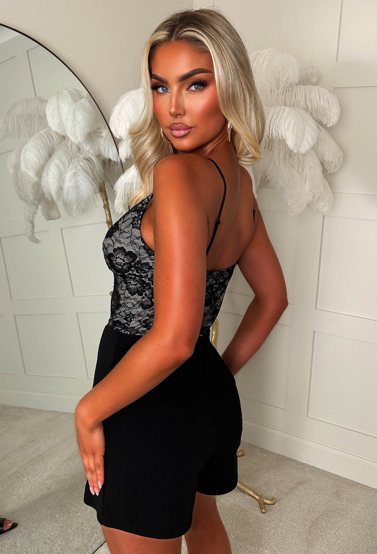 Lottie Love Black Lace Front Cami Playsuit | Pink Boutique
