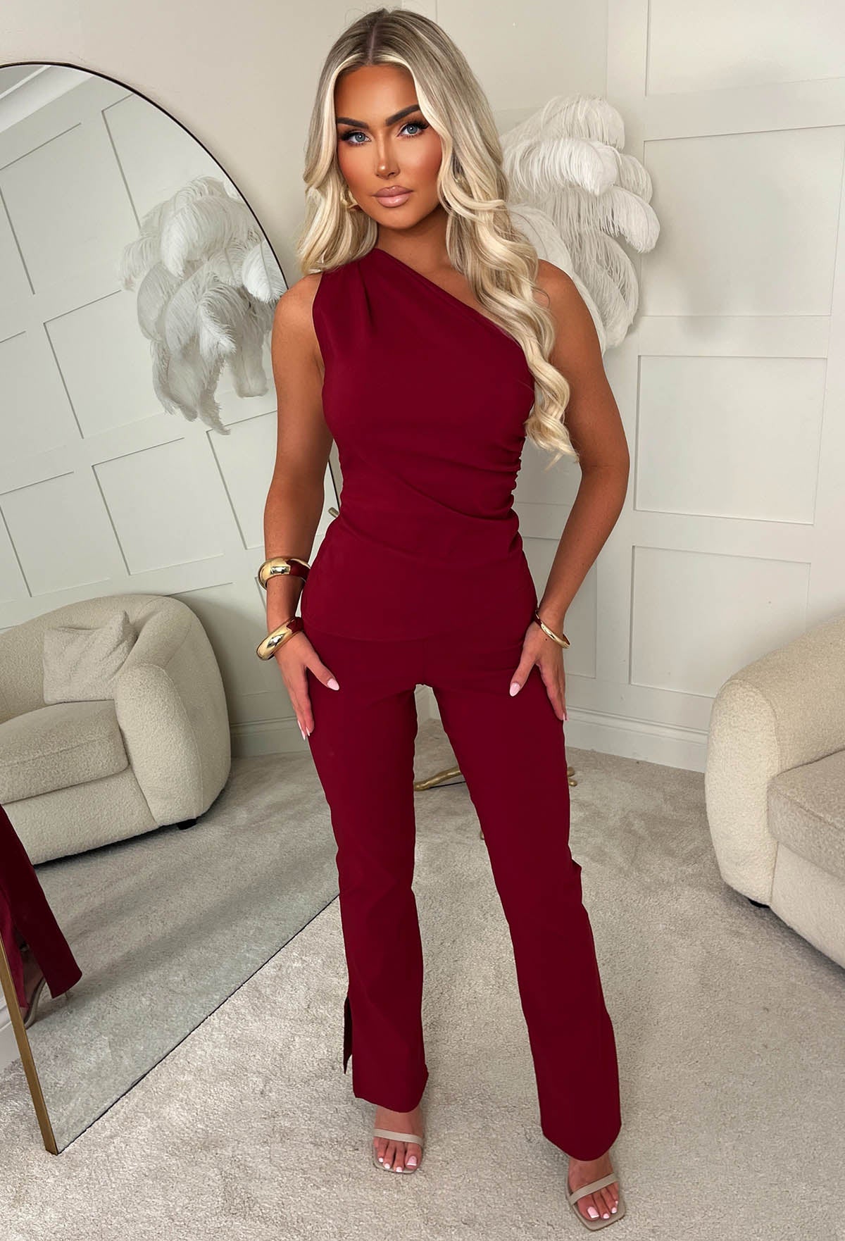 Love All Around Burgundy Bengaline Stretch Flared Trousers