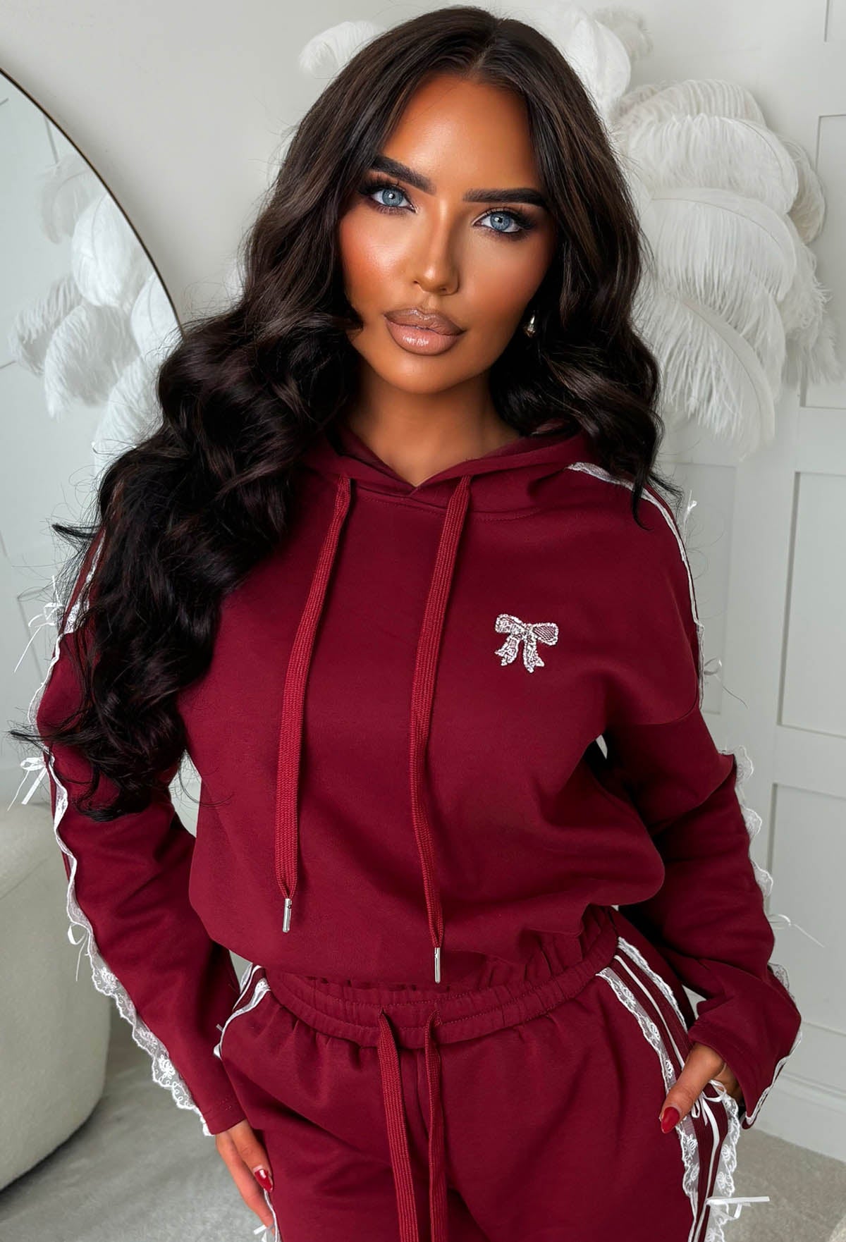 Love Me Knot Burgundy Lace Bow Lounge Co-ord Set